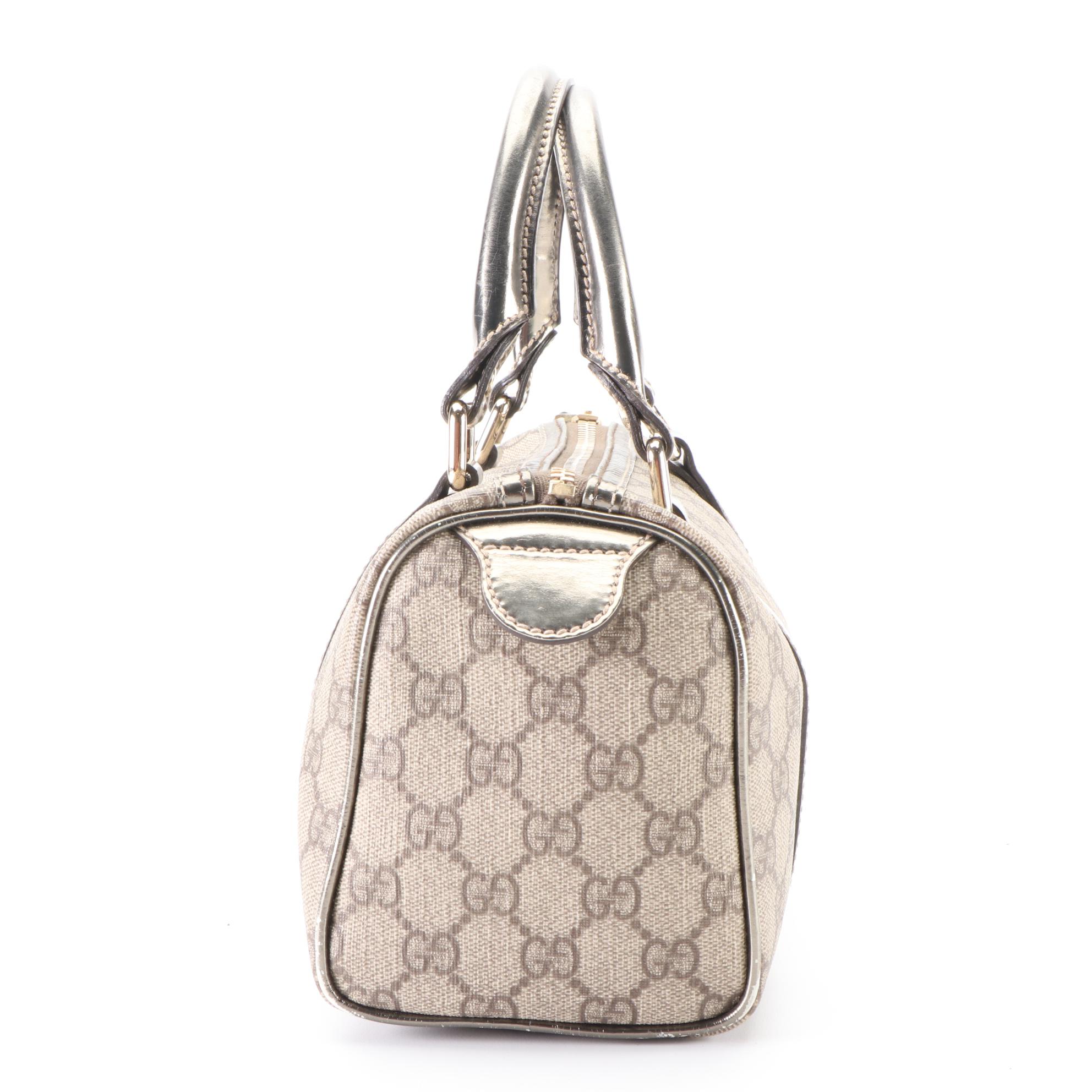 Gucci Boston Bag in GG Supreme Canvas and Metallic Leather