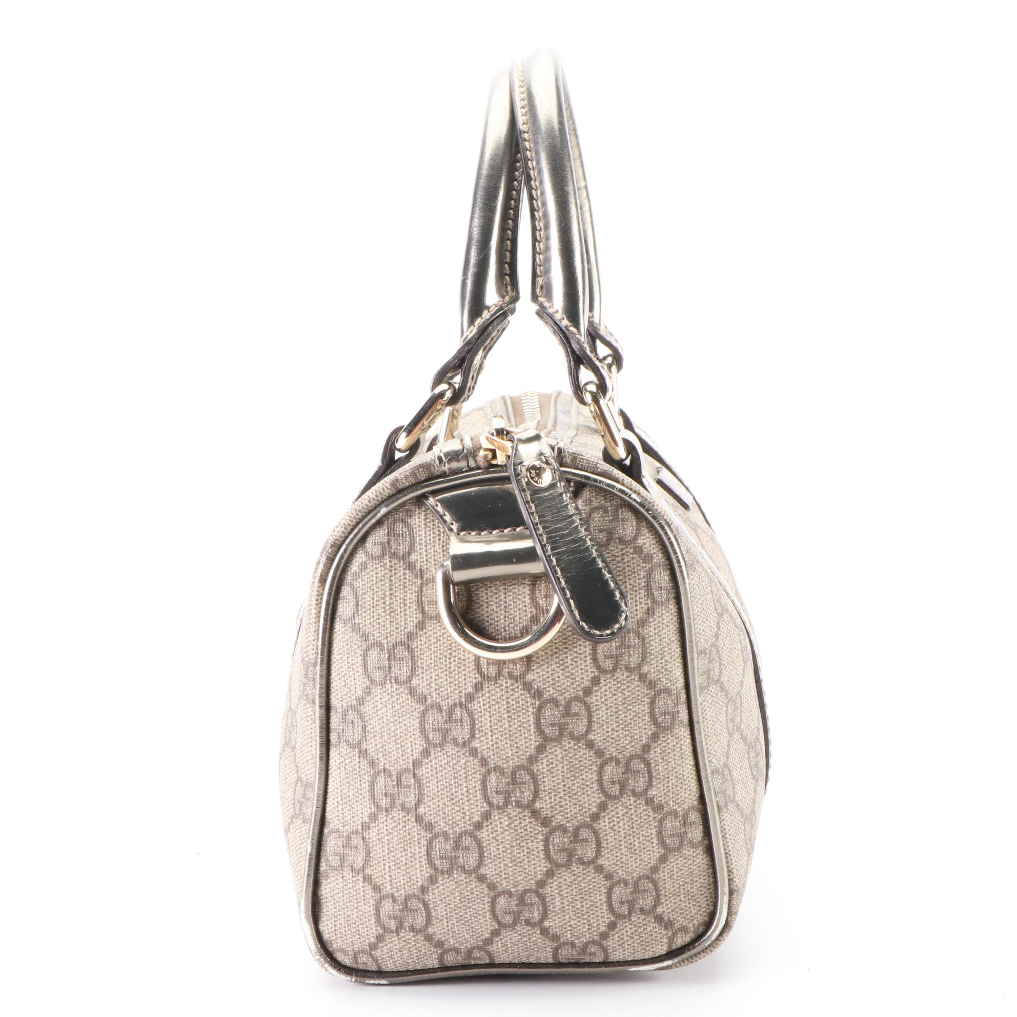 Gucci Boston Bag in GG Supreme Canvas and Metallic Leather