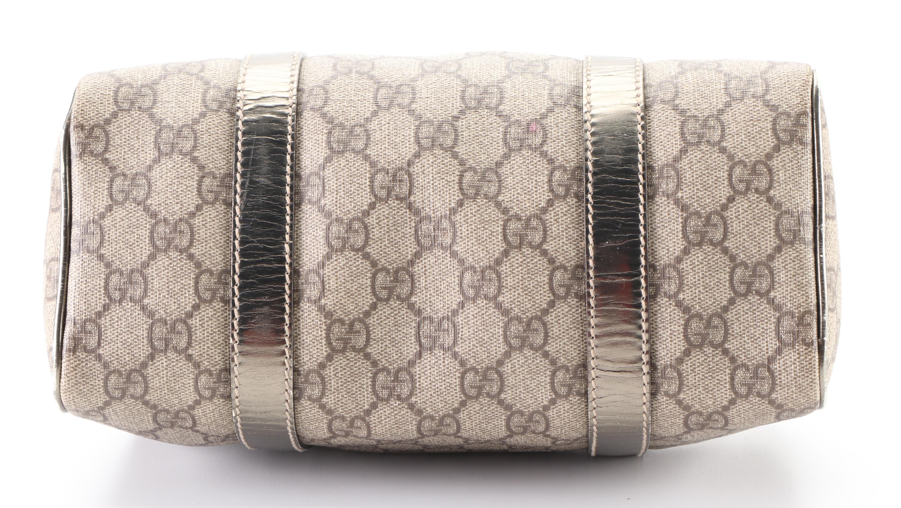 Gucci Boston Bag in GG Supreme Canvas and Metallic Leather