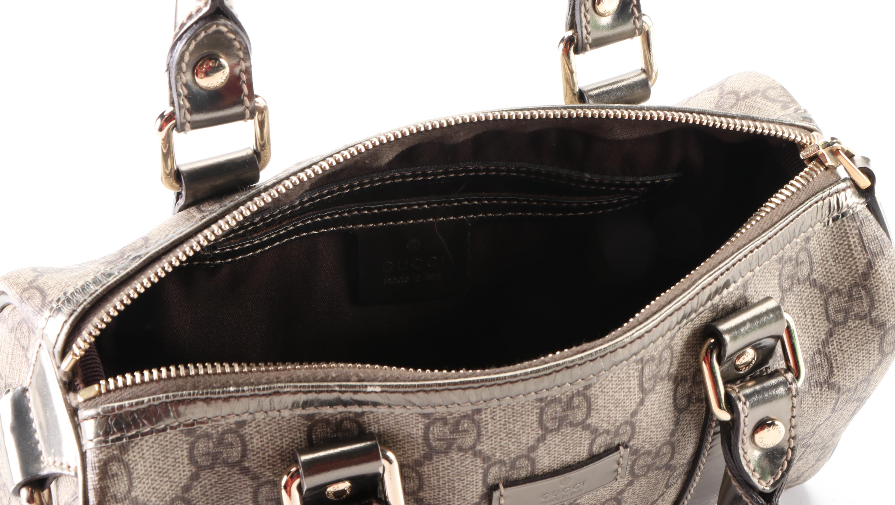 Gucci Boston Bag in GG Supreme Canvas and Metallic Leather