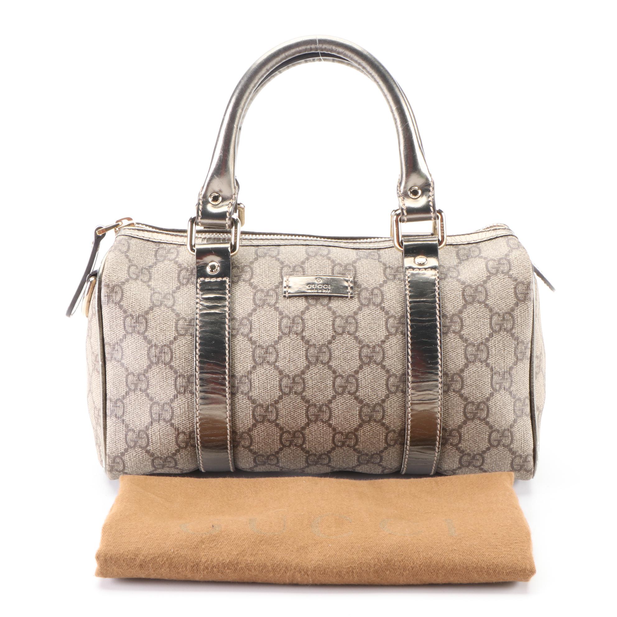 Gucci Boston Bag in GG Supreme Canvas and Metallic Leather