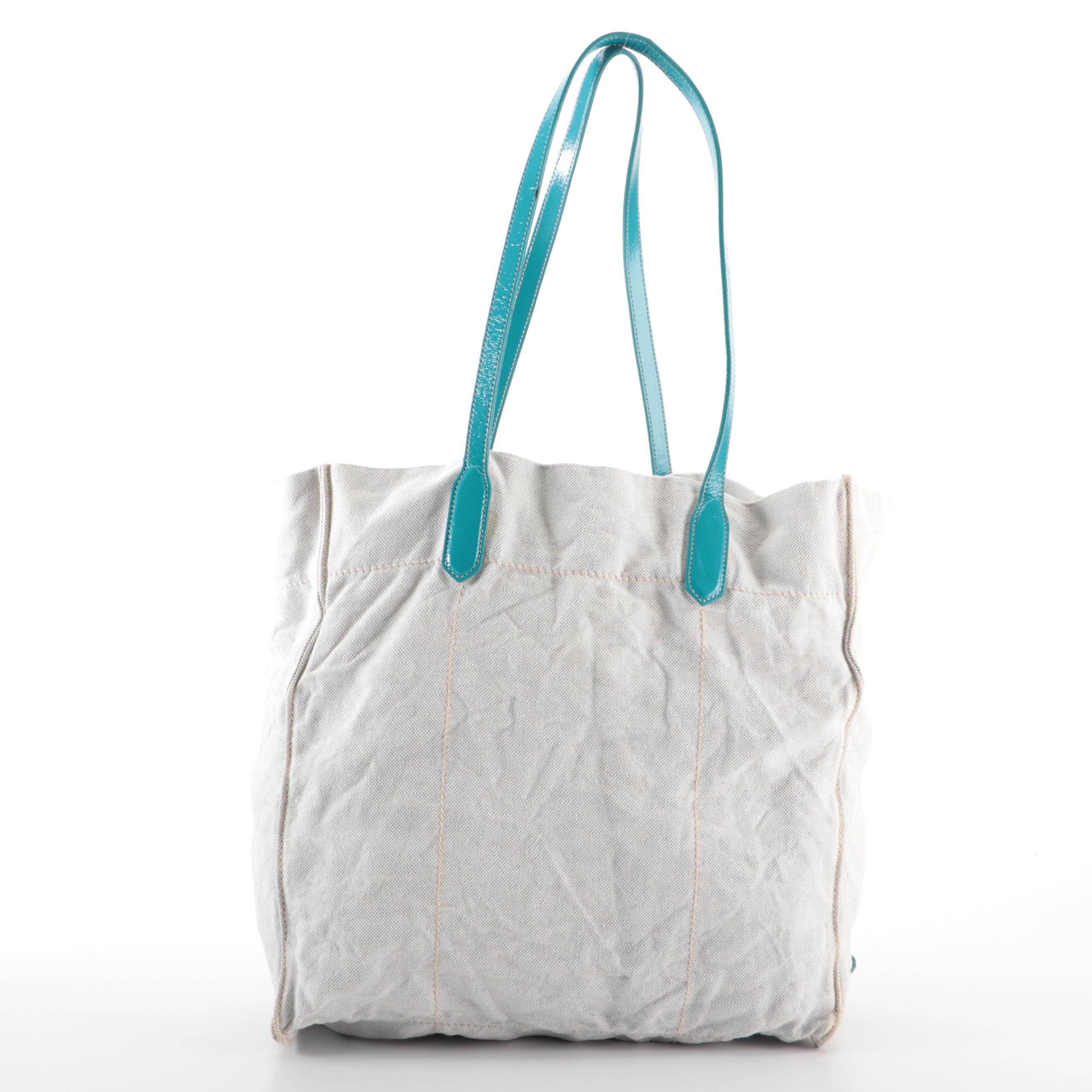 Prada Soft Shoulder Tote in Logo-Printed Canvas with Patent Leather Handles