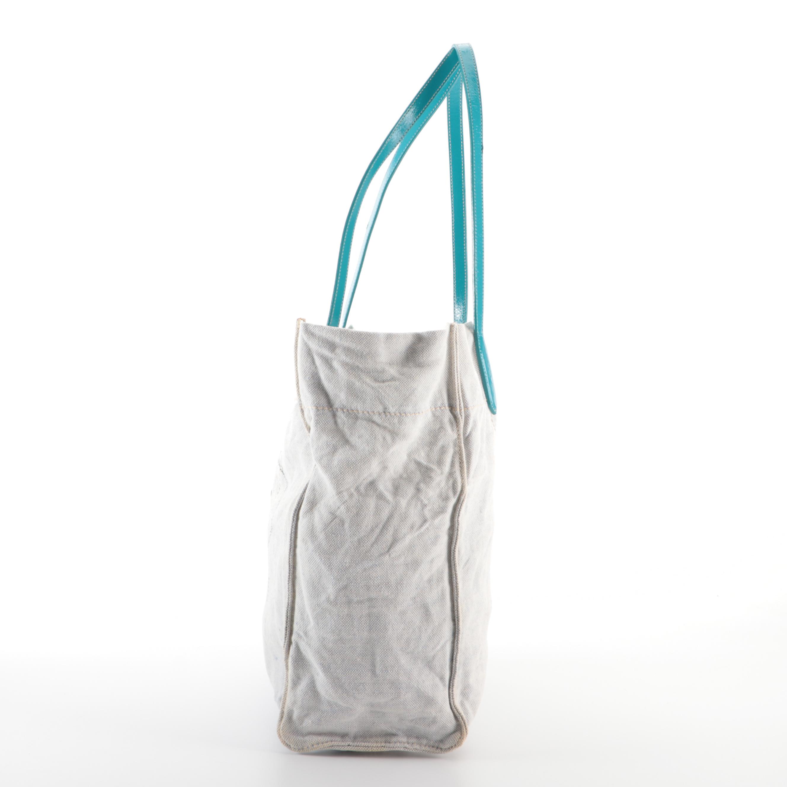 Prada Soft Shoulder Tote in Logo-Printed Canvas with Patent Leather Handles