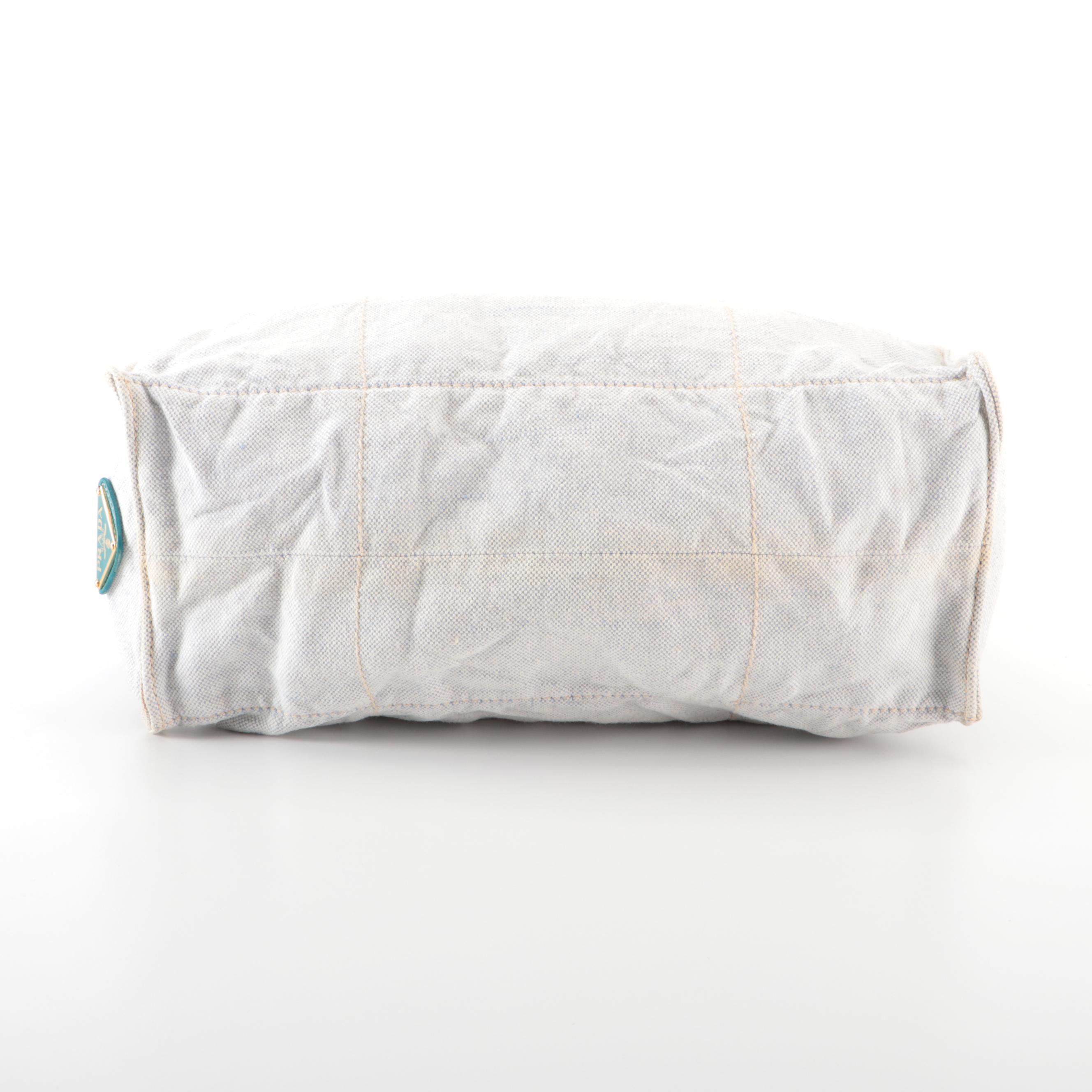 Prada Soft Shoulder Tote in Logo-Printed Canvas with Patent Leather Handles