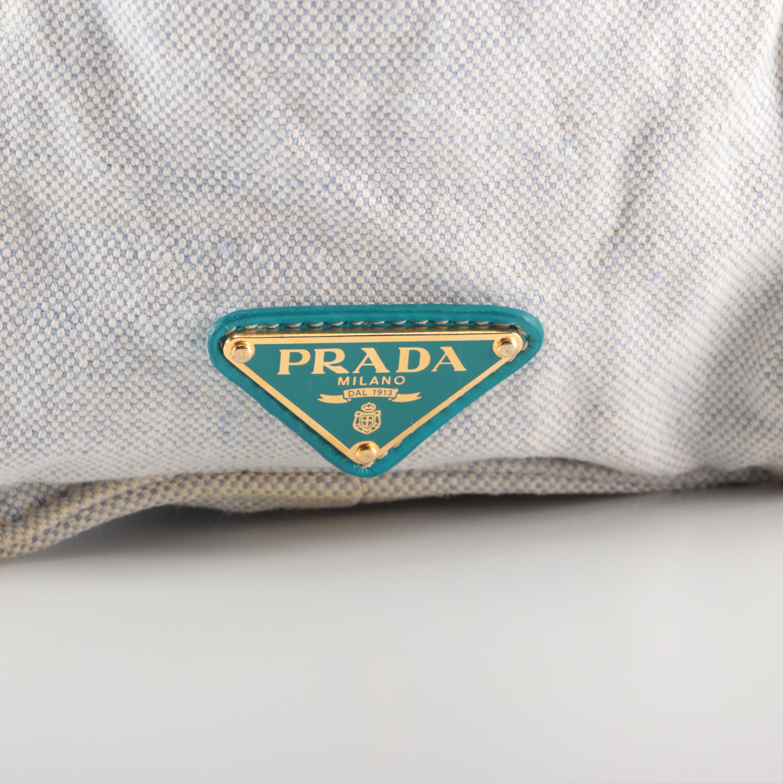 Prada Soft Shoulder Tote in Logo-Printed Canvas with Patent Leather Handles