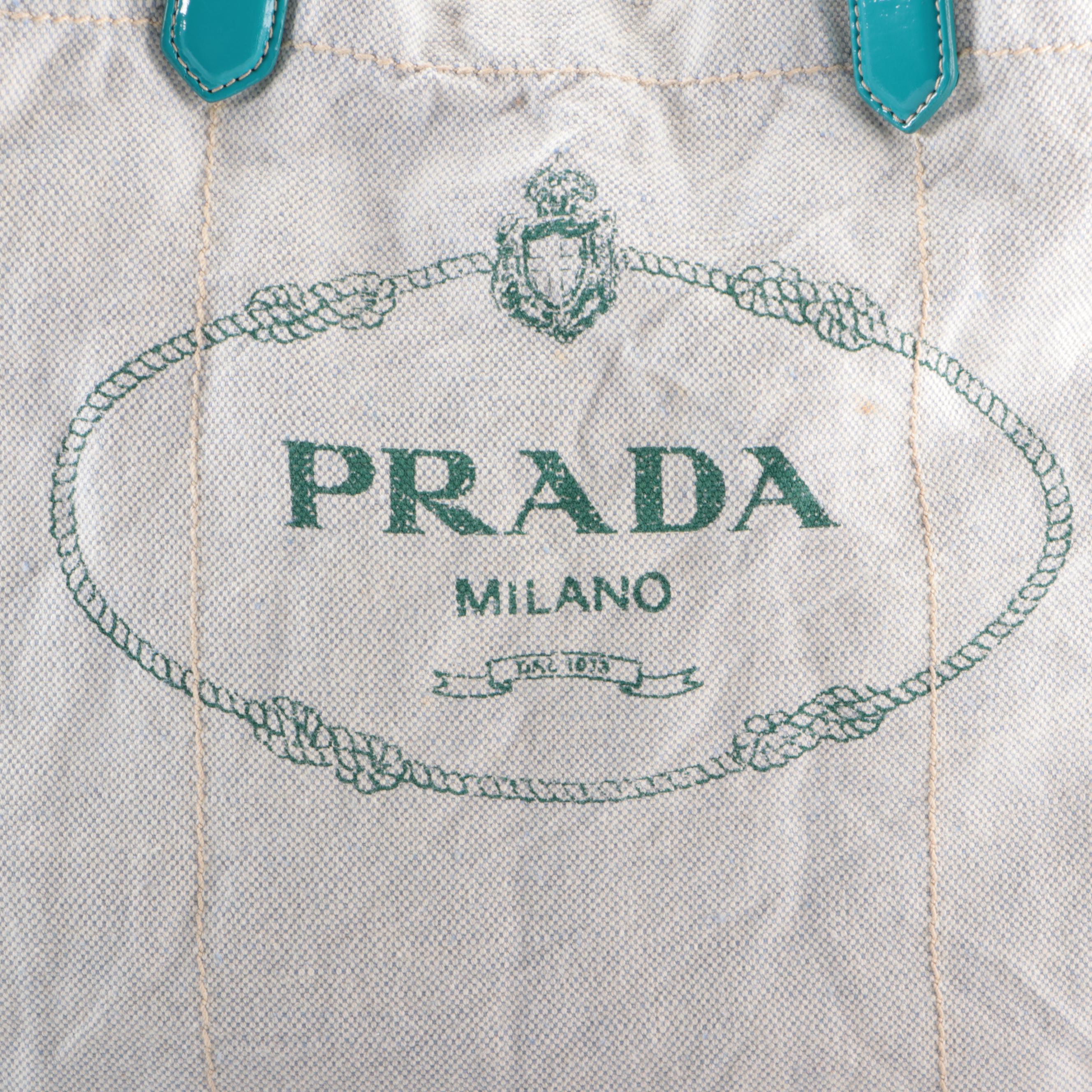 Prada Soft Shoulder Tote in Logo-Printed Canvas with Patent Leather Handles