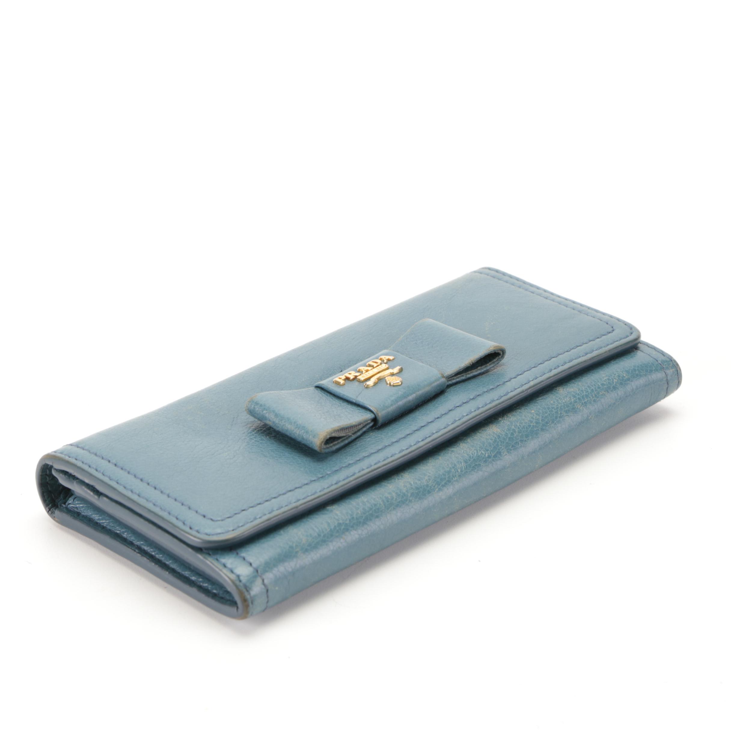 Prada Bow Continental Wallet in Blue Leather