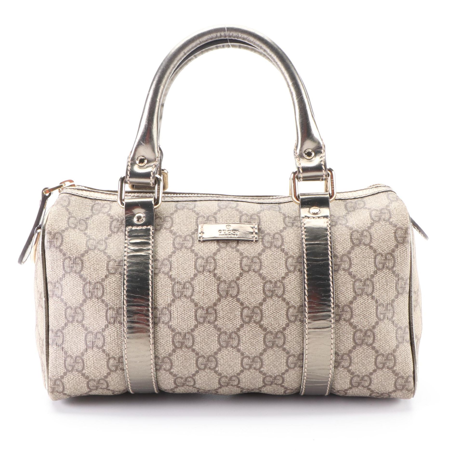 Gucci Boston Bag in GG Supreme Canvas and Metallic Leather