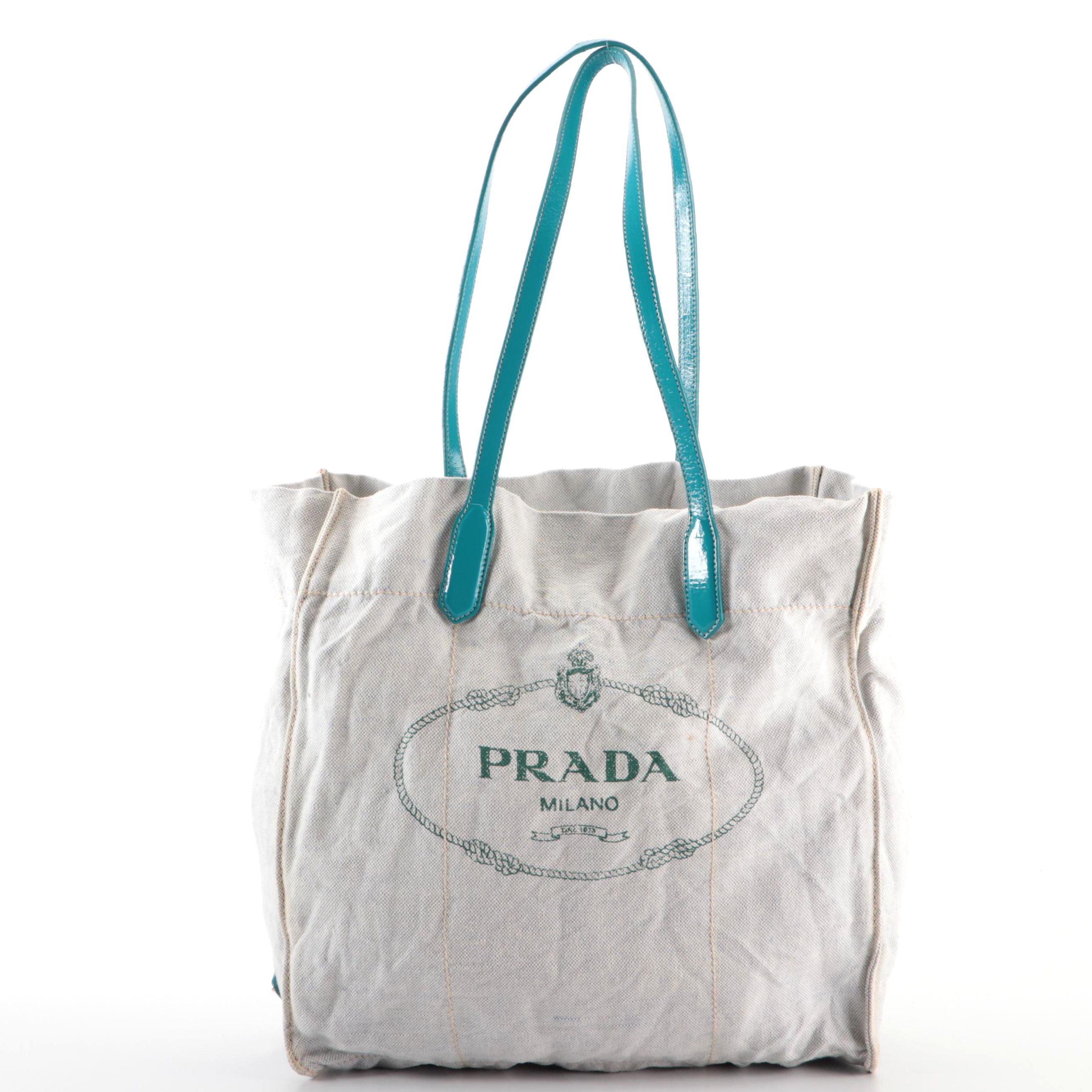 Prada Soft Shoulder Tote in Logo-Printed Canvas with Patent Leather Handles