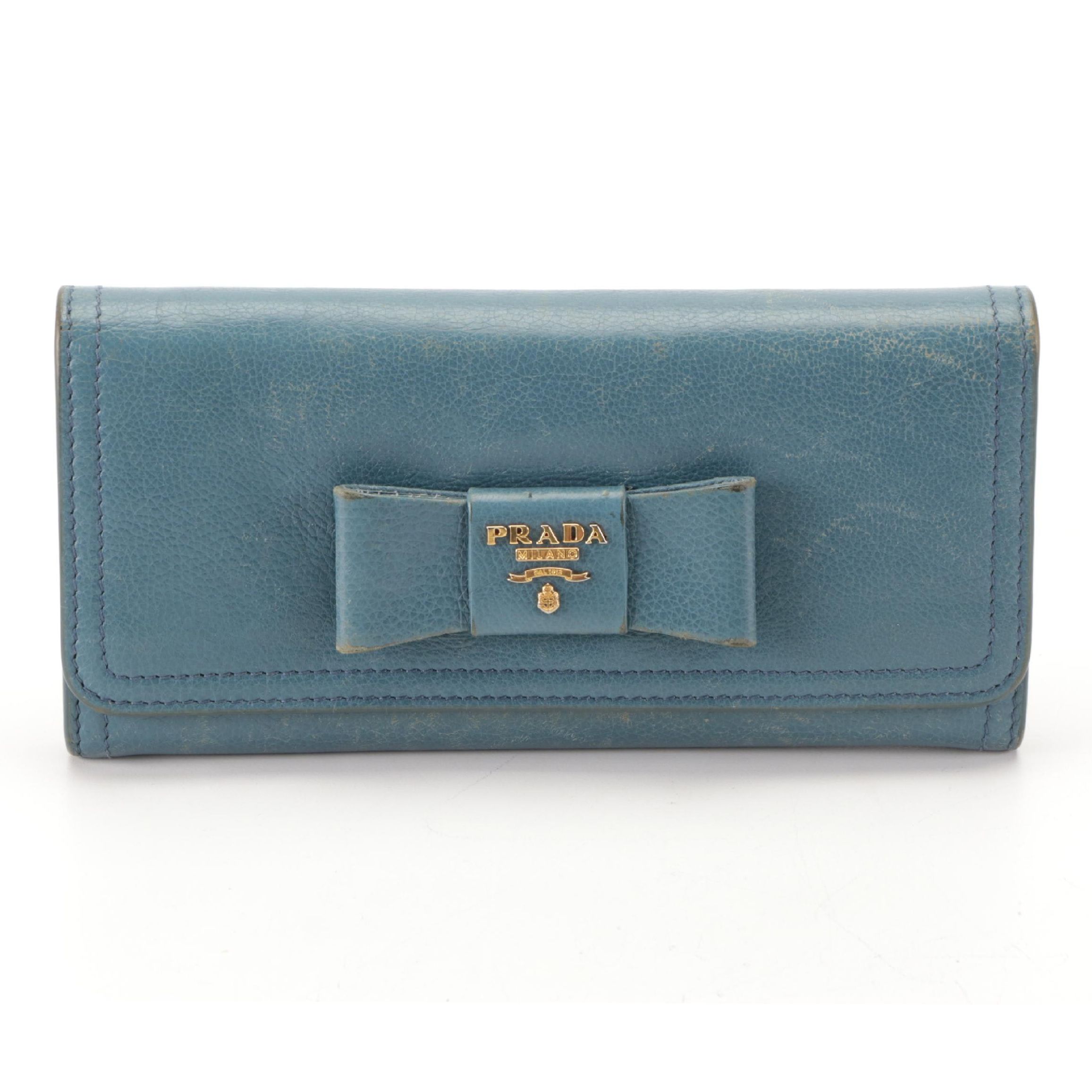 Prada Bow Continental Wallet in Blue Leather