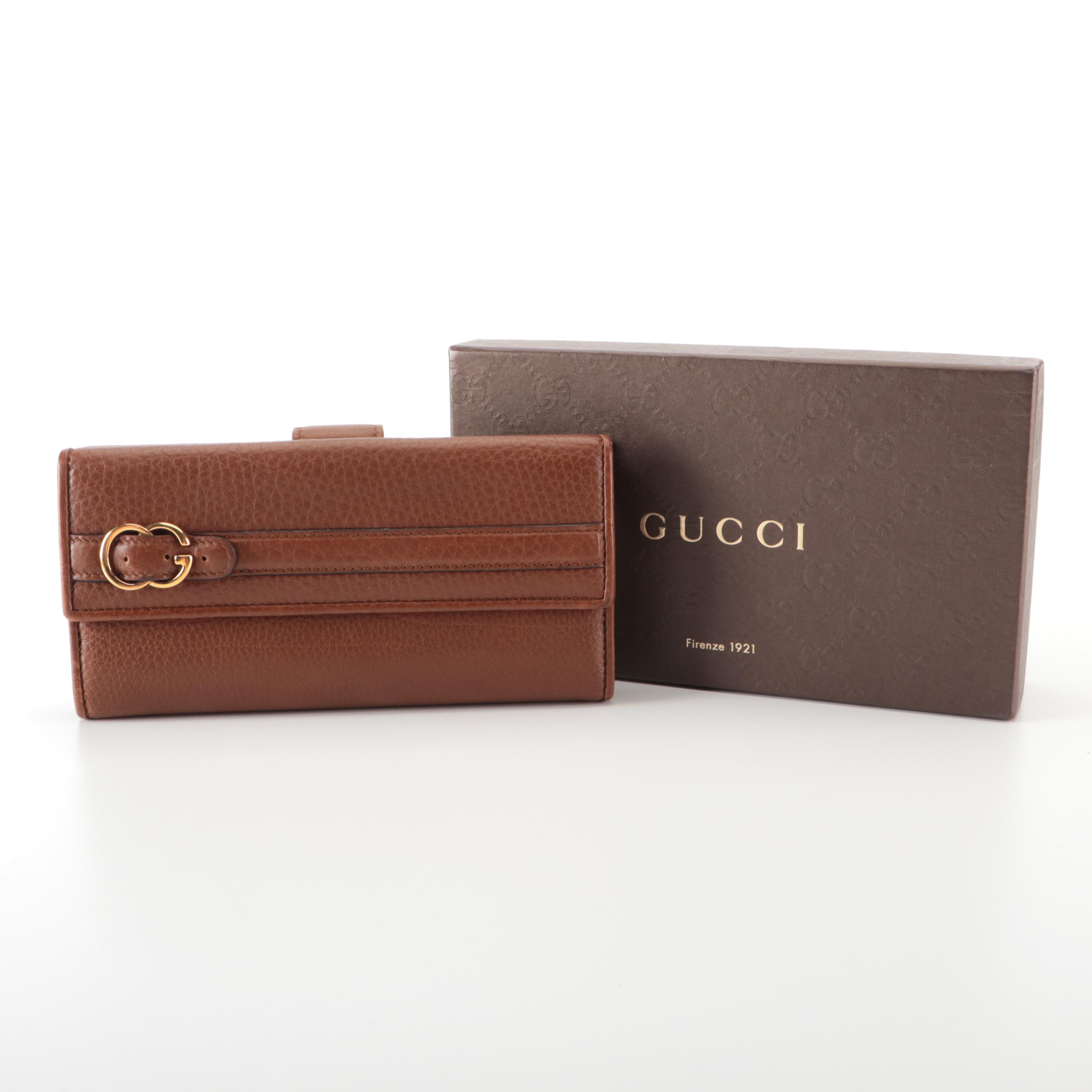 Gucci GG Long Wallet in Brown Pebble Grain Leather with Box