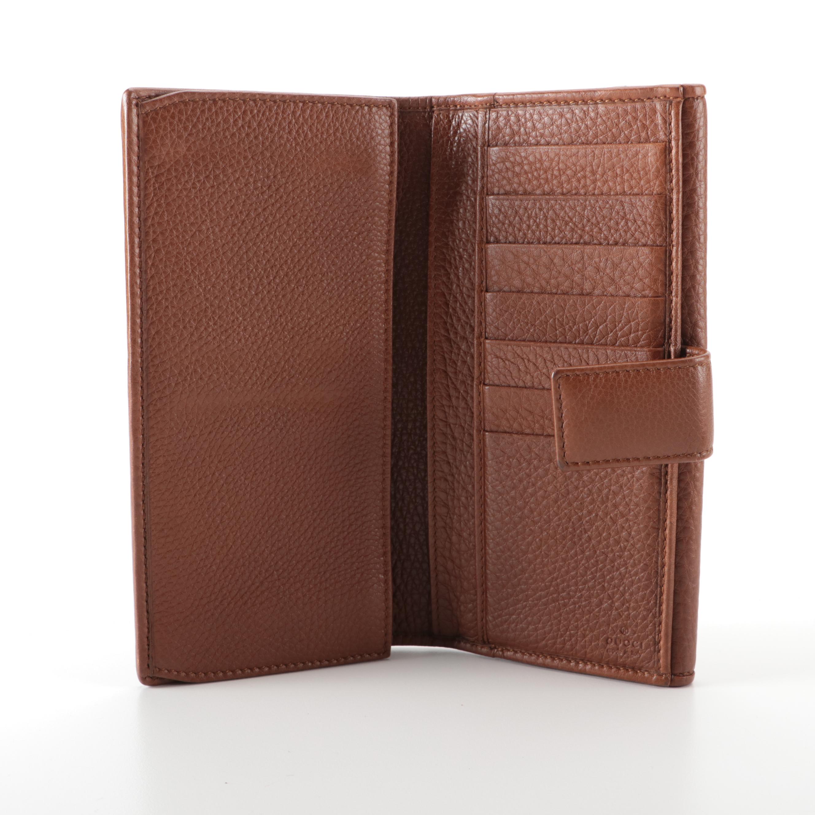 Gucci GG Long Wallet in Brown Pebble Grain Leather with Box