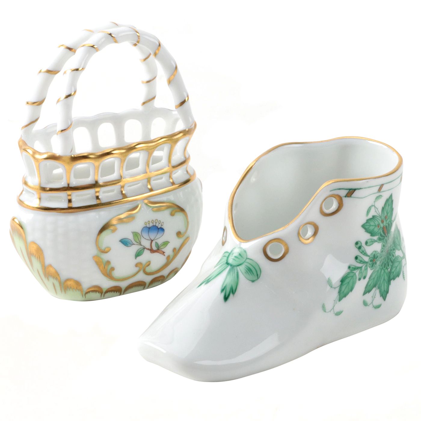 Herend "Queen Victoria" Porcelain Basket and "Chinese Bouquet" Shoe Figurine