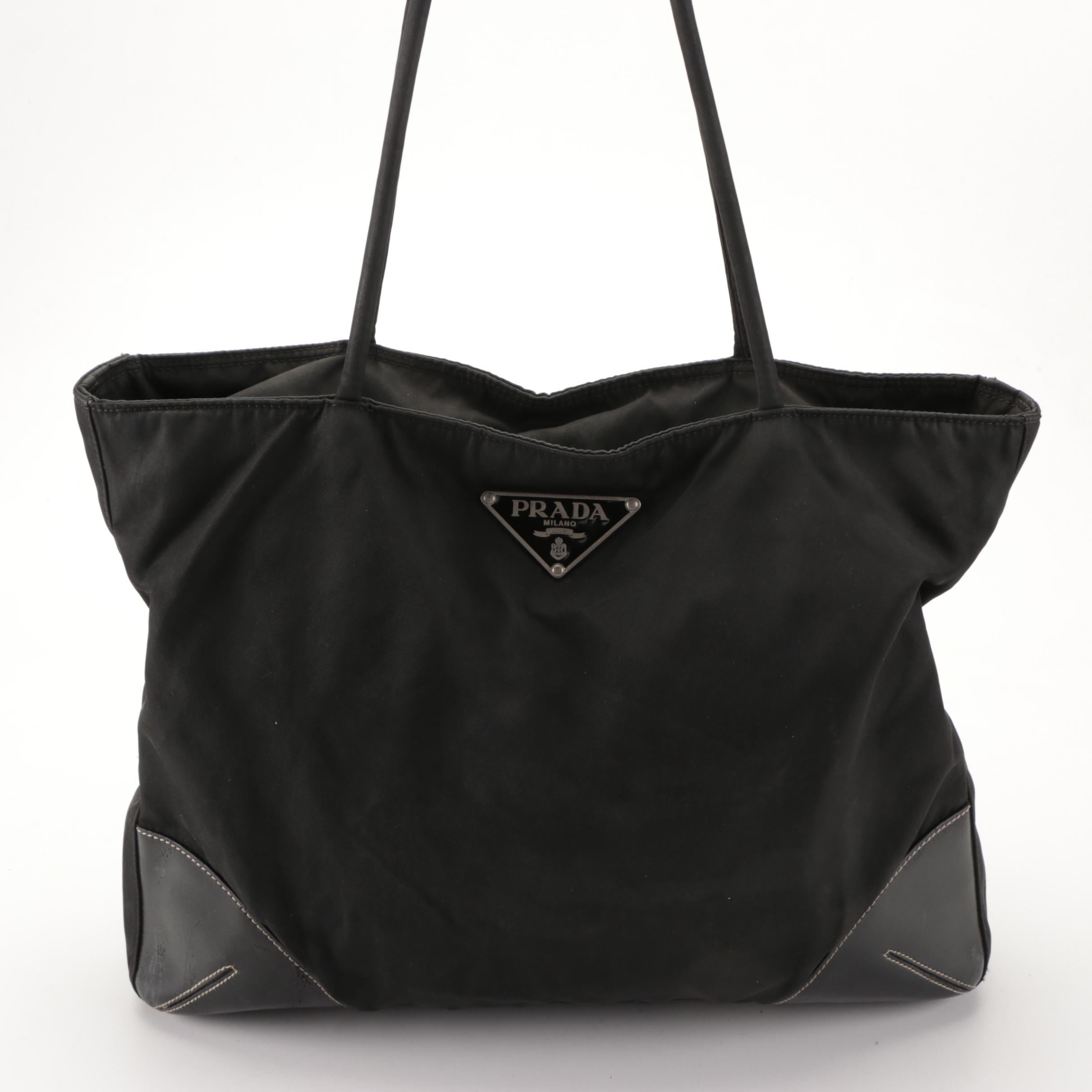 Prada Zip Shoulder Tote Bag in Black Tessuto Nylon and Leather