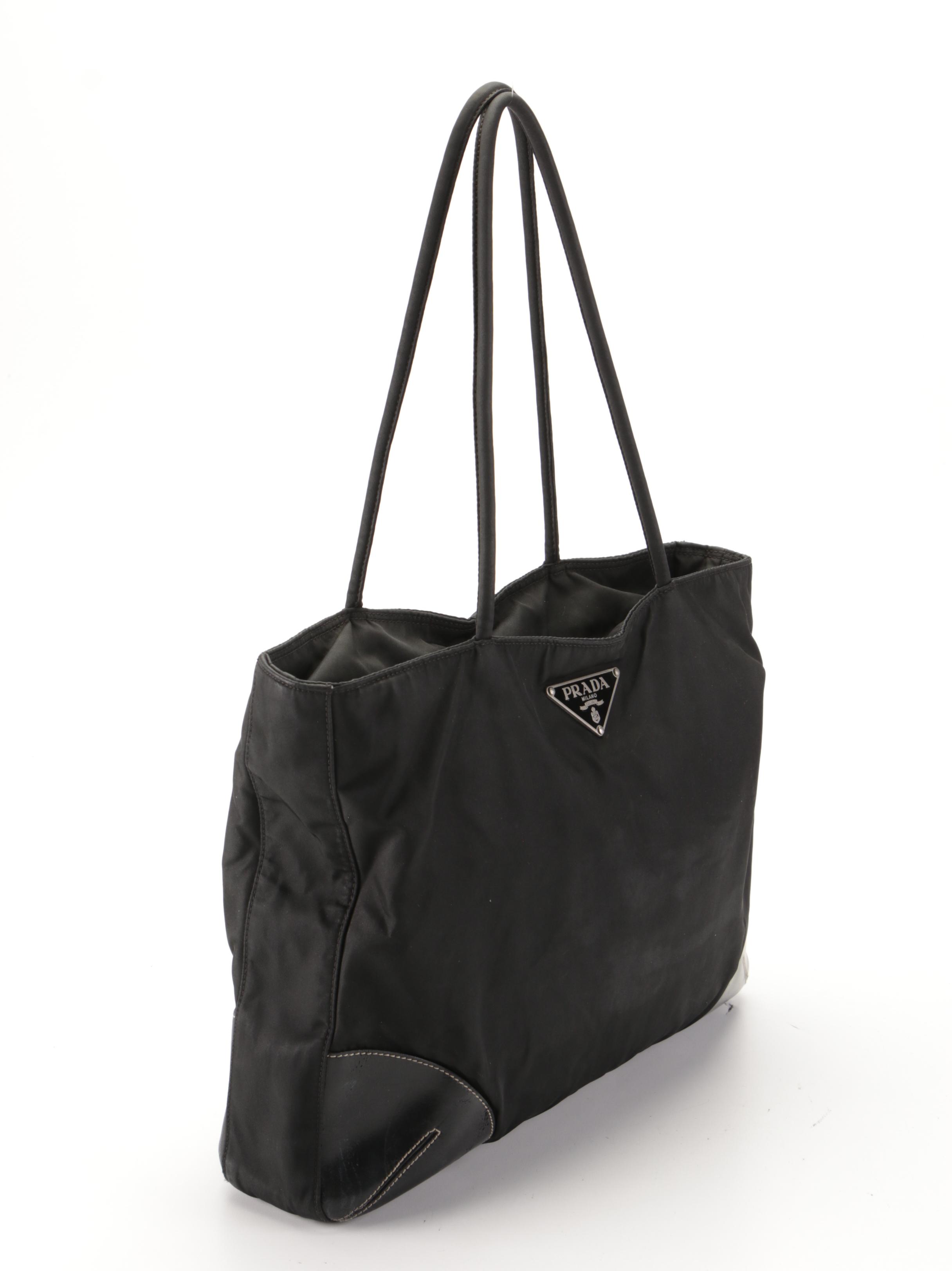 Prada Zip Shoulder Tote Bag in Black Tessuto Nylon and Leather