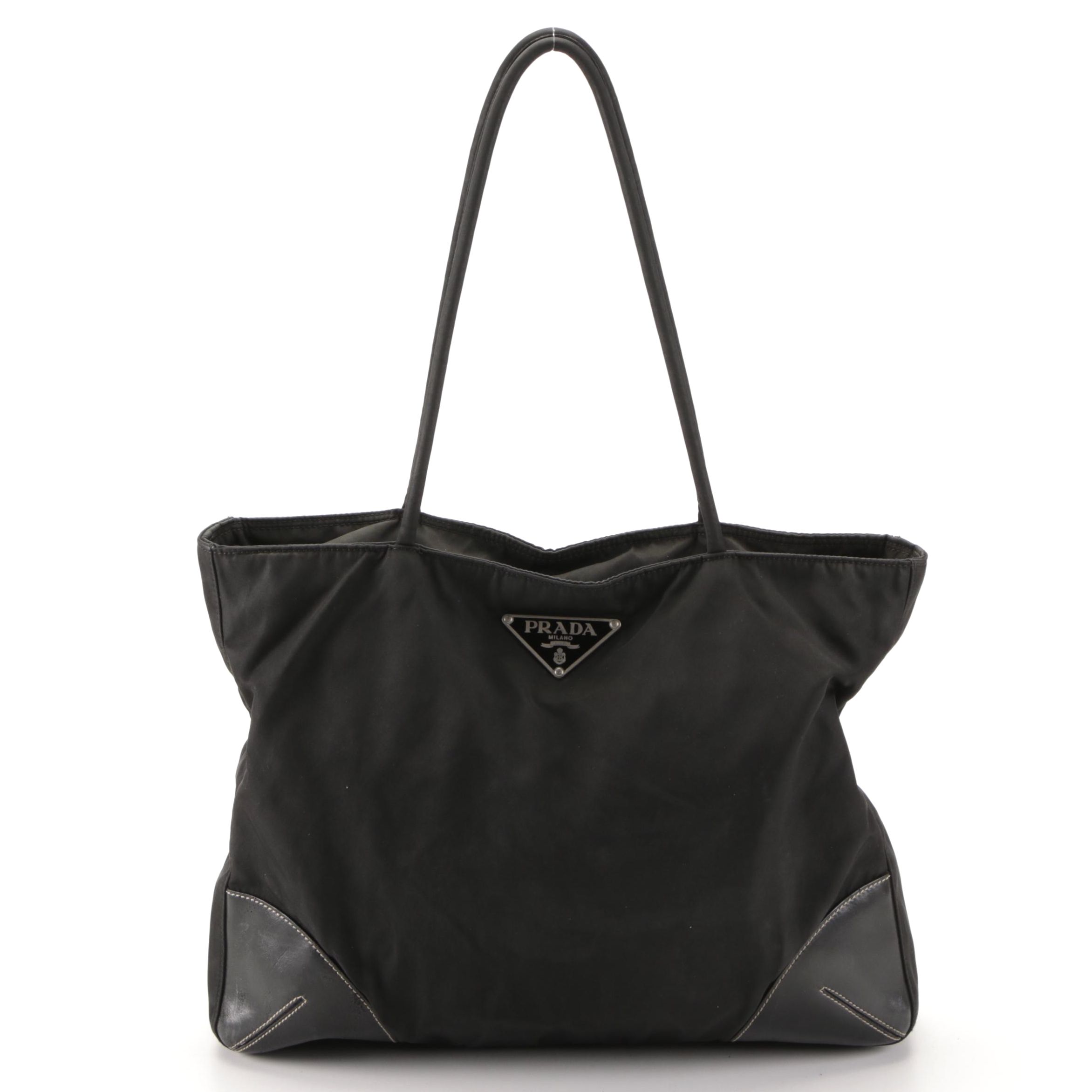Prada Zip Shoulder Tote Bag in Black Tessuto Nylon and Leather