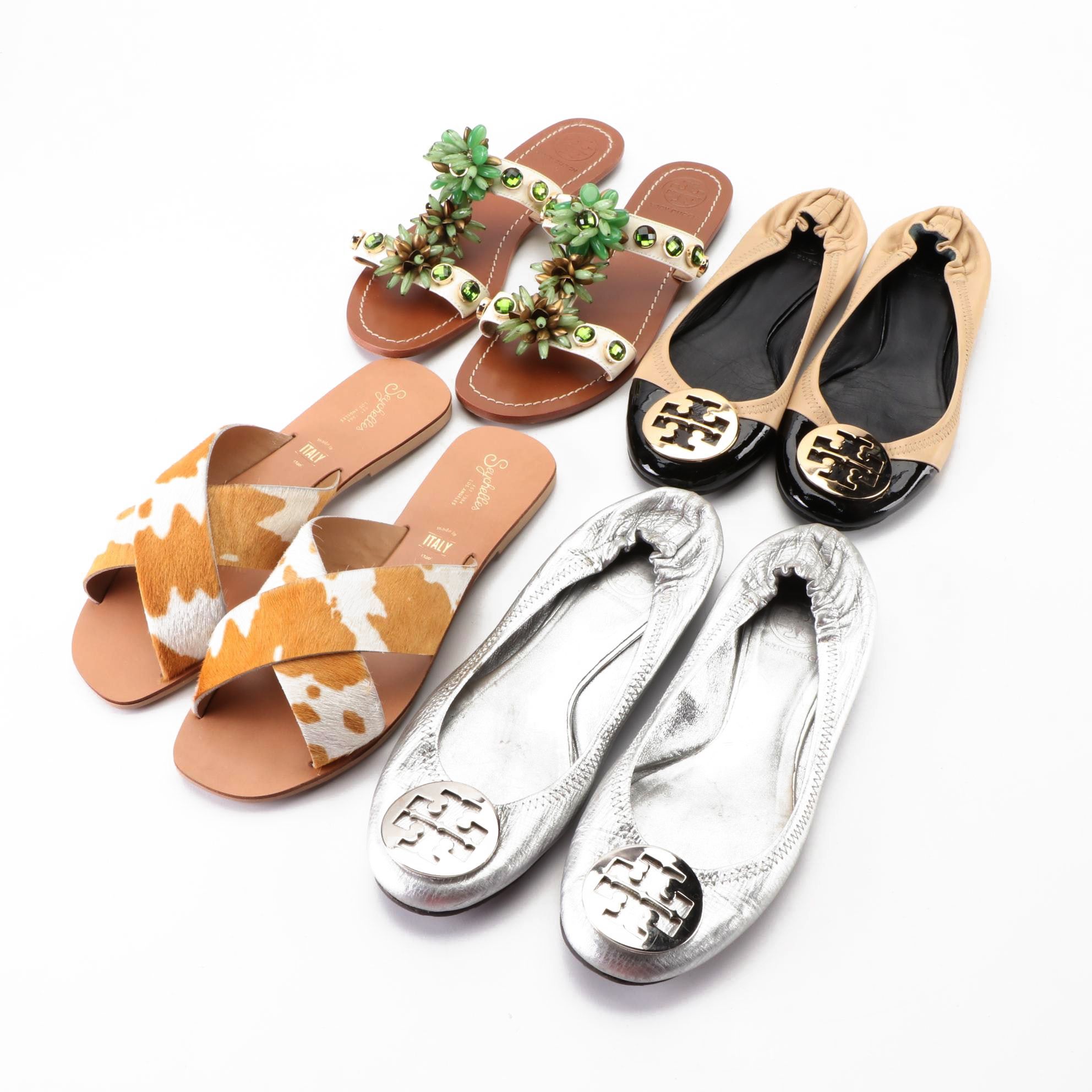 Tory Burch Flats and Embellished Sandals with Seychelles Cow Print Slides