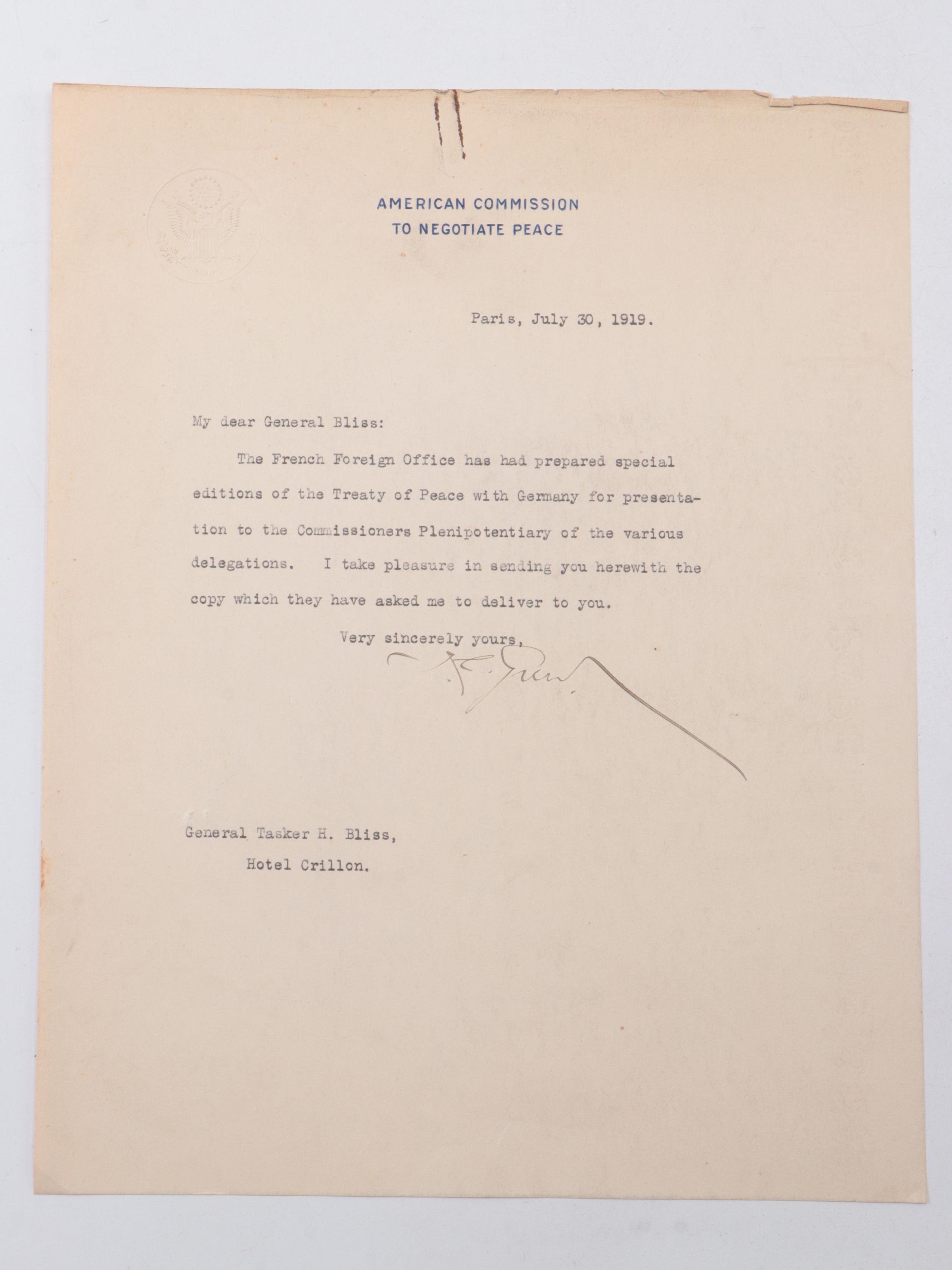 Treaty of Versailles Archive Featuring Edition Presented to Gen. Tasker H. Bliss