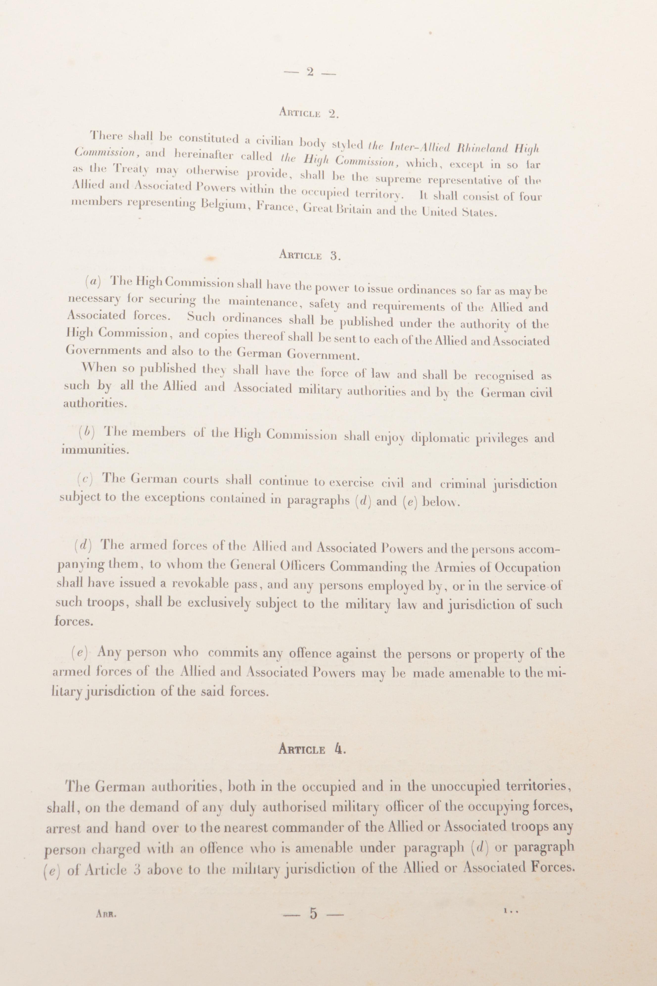 Treaty of Versailles Archive Featuring Edition Presented to Gen. Tasker H. Bliss