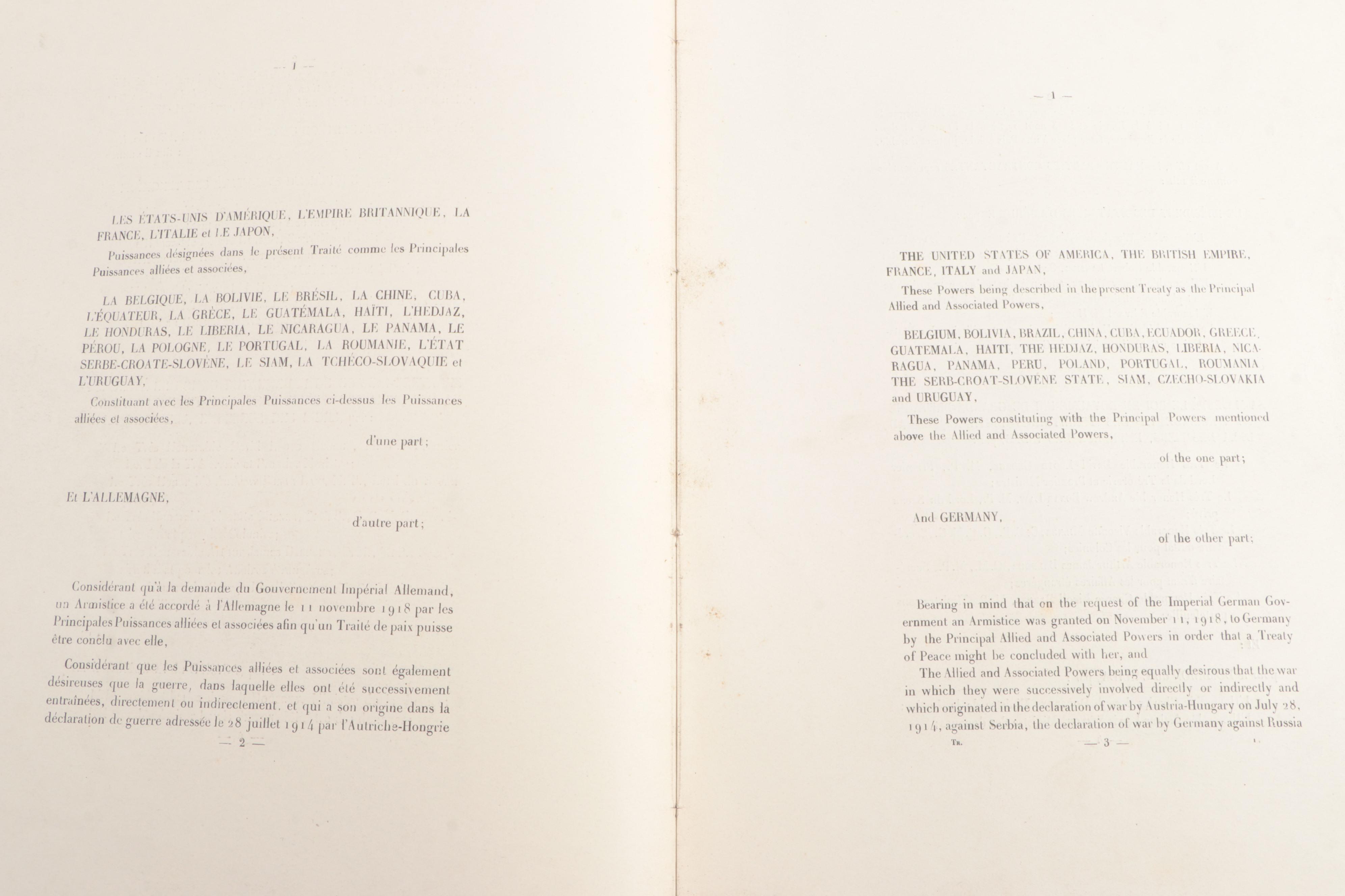 Treaty of Versailles Archive Featuring Edition Presented to Gen. Tasker H. Bliss