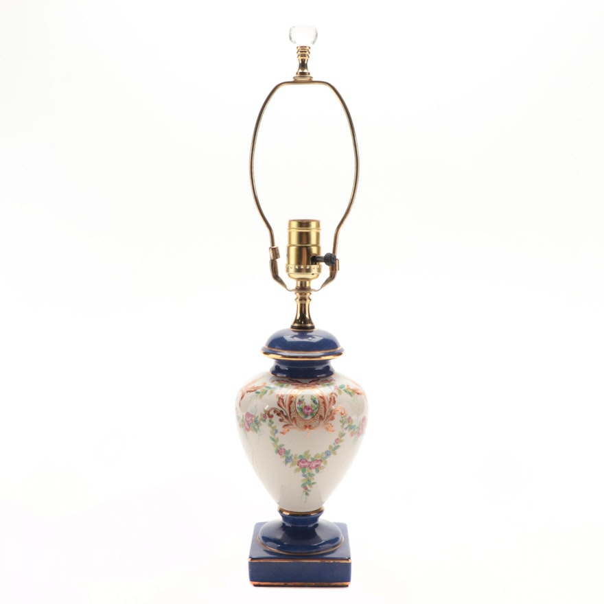 Hand-Painted and Gilt Decorated Porcelain Urn Table Lamp, Late 20th Century