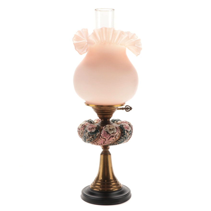 Ruffled Peach Glass and Hurricane Shade Enameled Metal Lamp, Mid-20th C