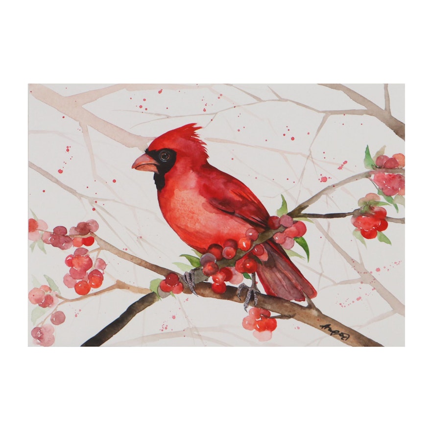 Anne Gorywine Watercolor Painting of Cardinal, 2020