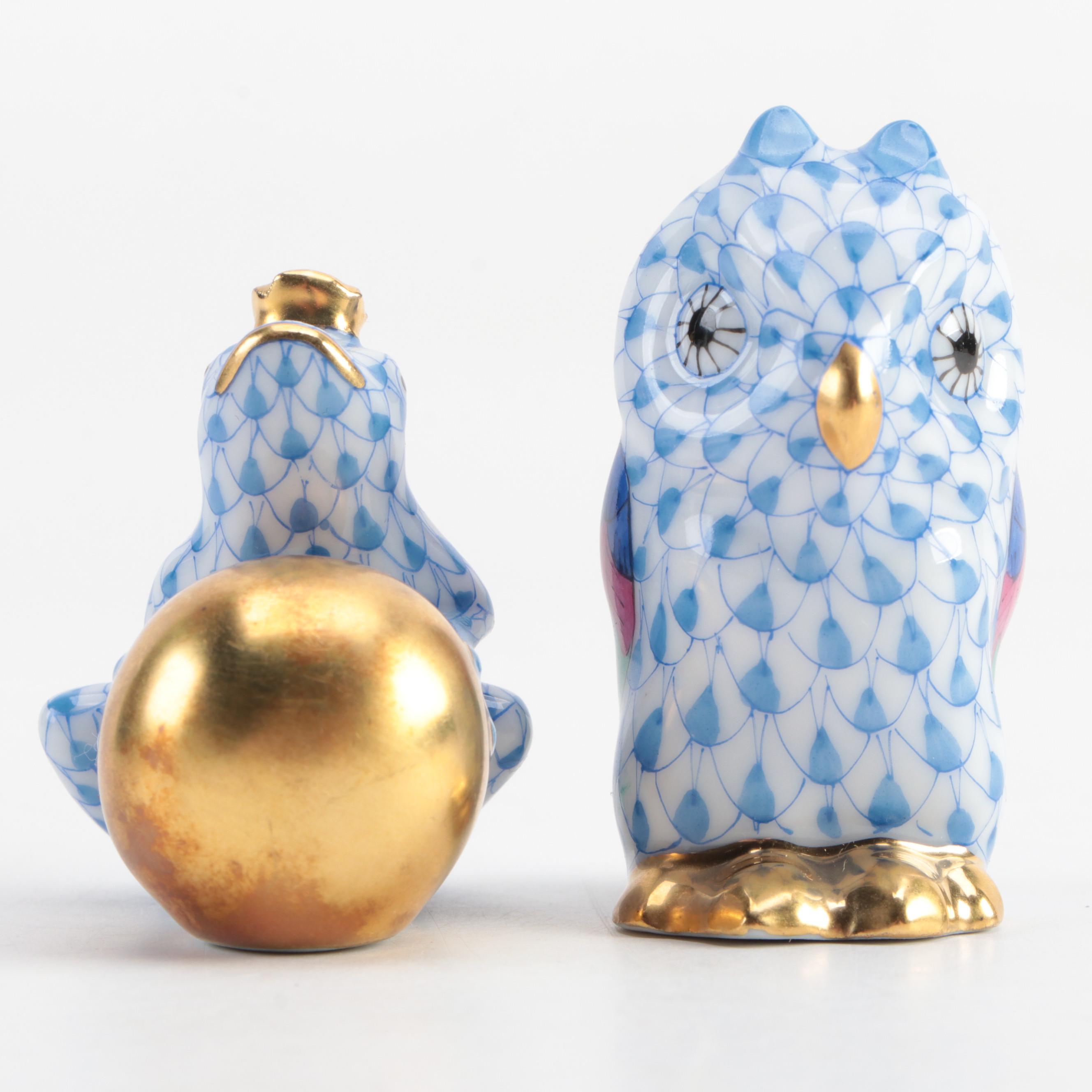 Herend Blue Fishnet with Gold "Owl" and "Frog Prince" Porcelain Figurines