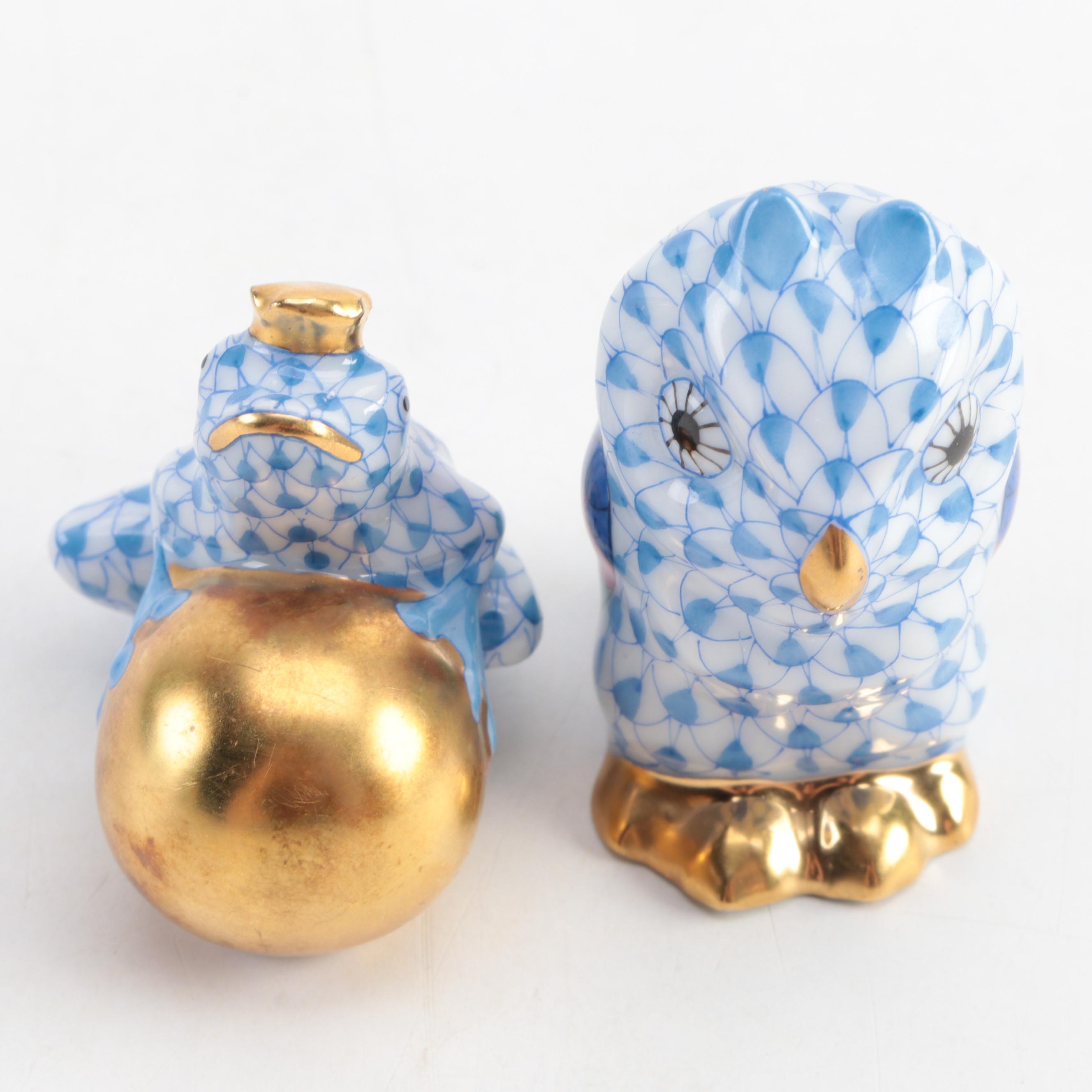 Herend Blue Fishnet with Gold "Owl" and "Frog Prince" Porcelain Figurines