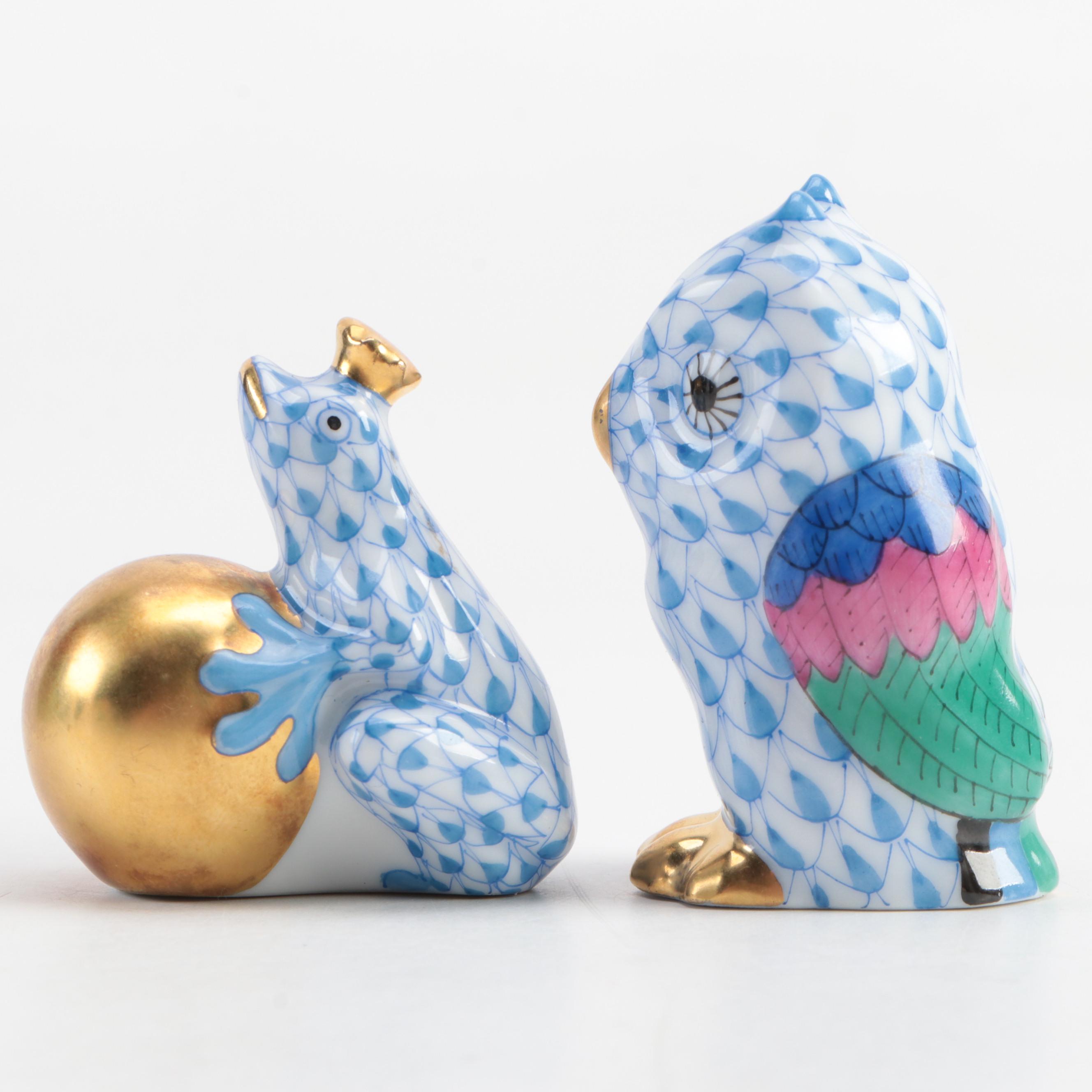 Herend Blue Fishnet with Gold "Owl" and "Frog Prince" Porcelain Figurines