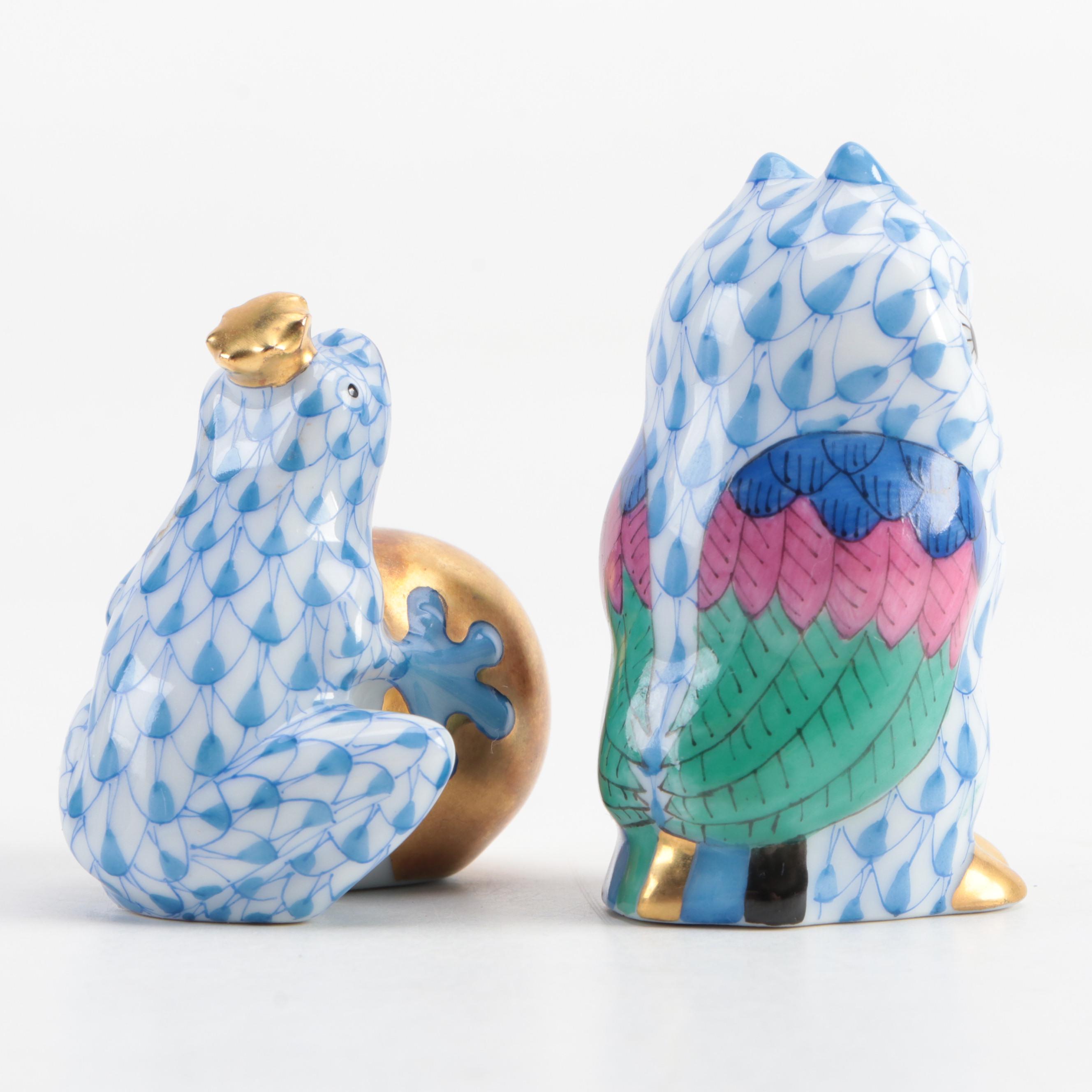 Herend Blue Fishnet with Gold "Owl" and "Frog Prince" Porcelain Figurines