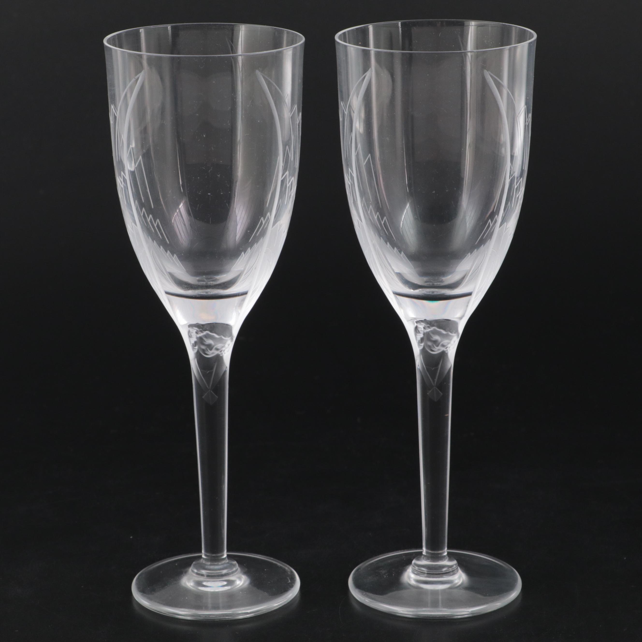 Lalique "Ange" Frosted and Etched Crystal Champagne Flutes