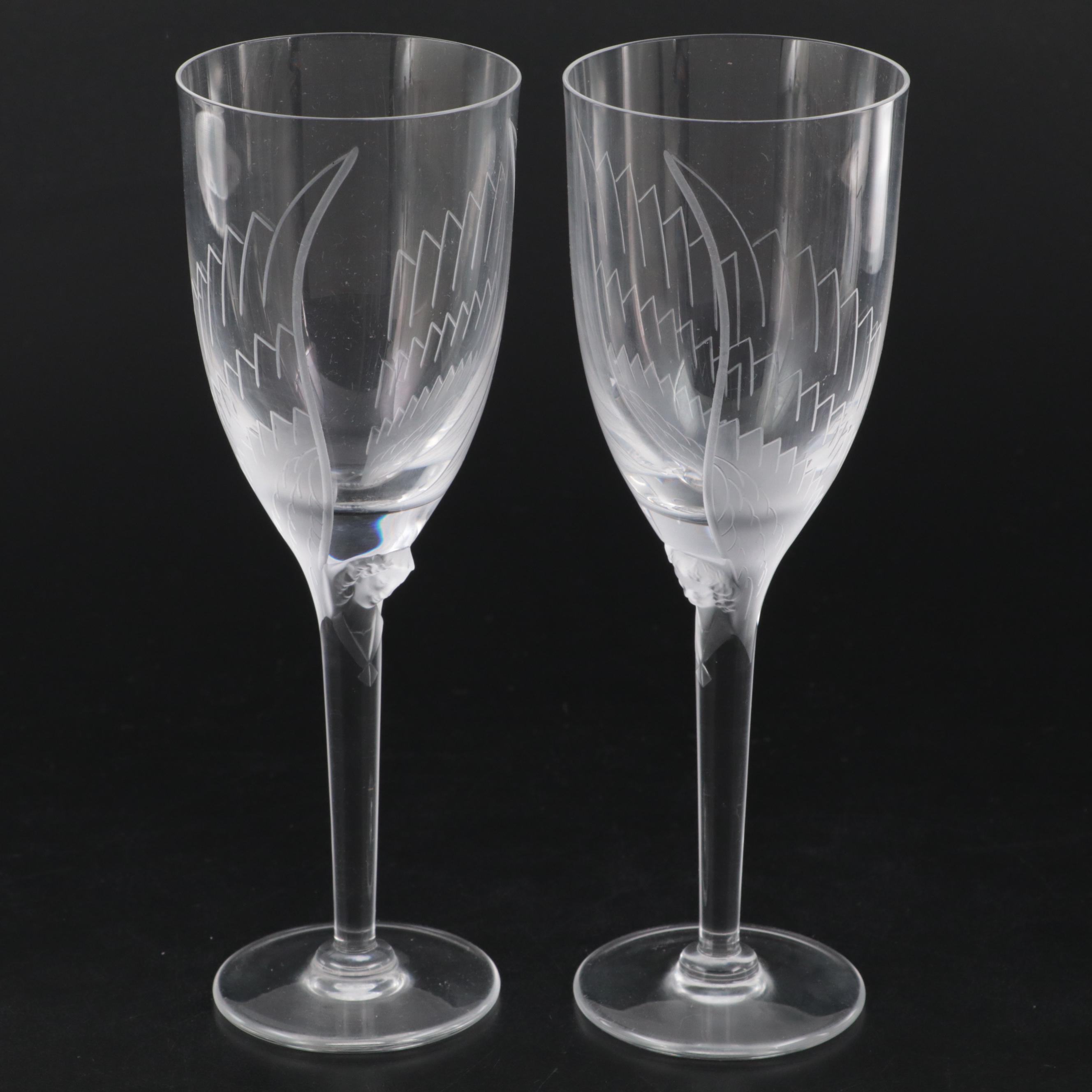 Lalique "Ange" Frosted and Etched Crystal Champagne Flutes
