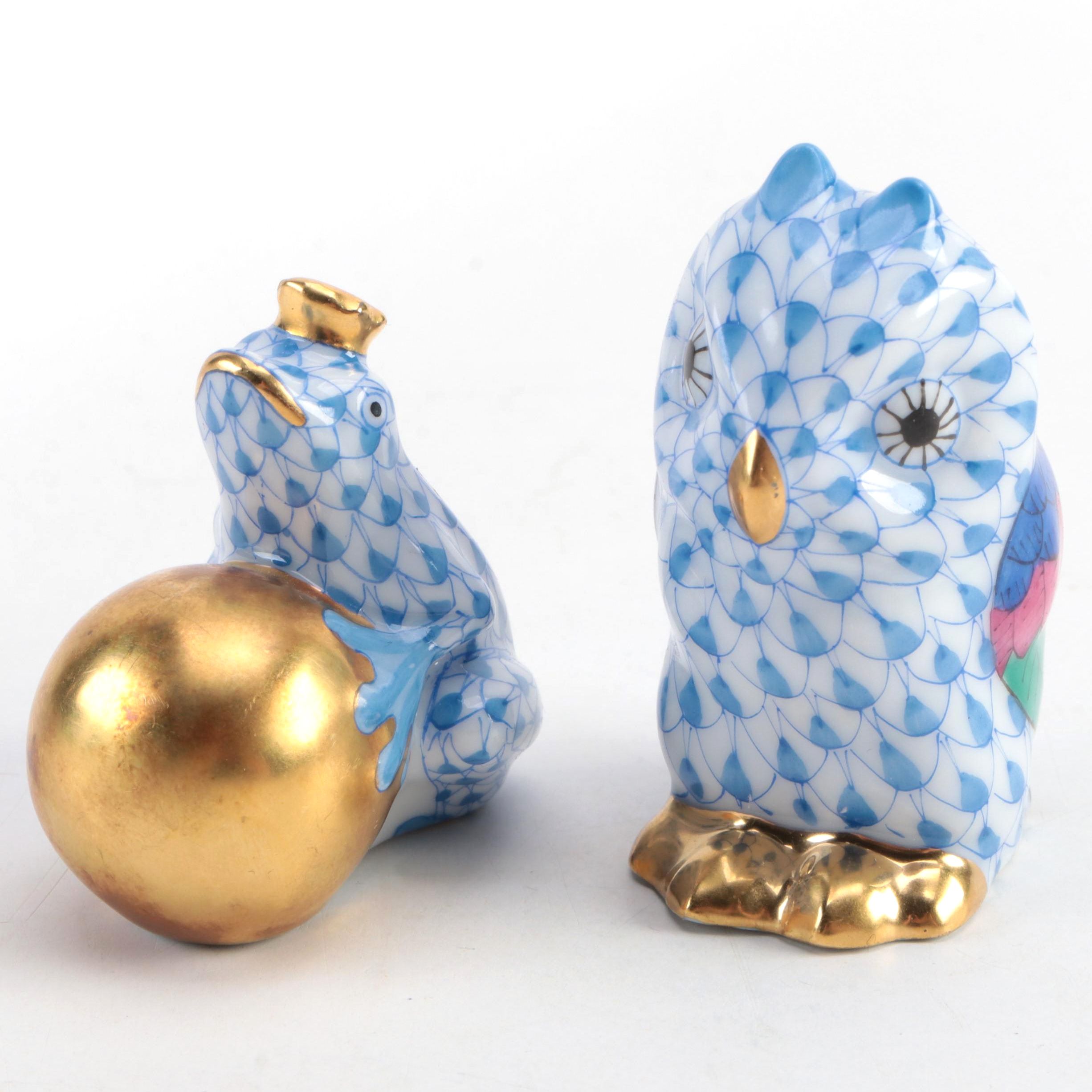 Herend Blue Fishnet with Gold "Owl" and "Frog Prince" Porcelain Figurines