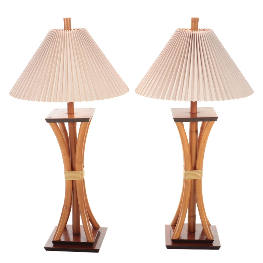 Pair of Mid-Century Rattan Lamps with Pleated Shades