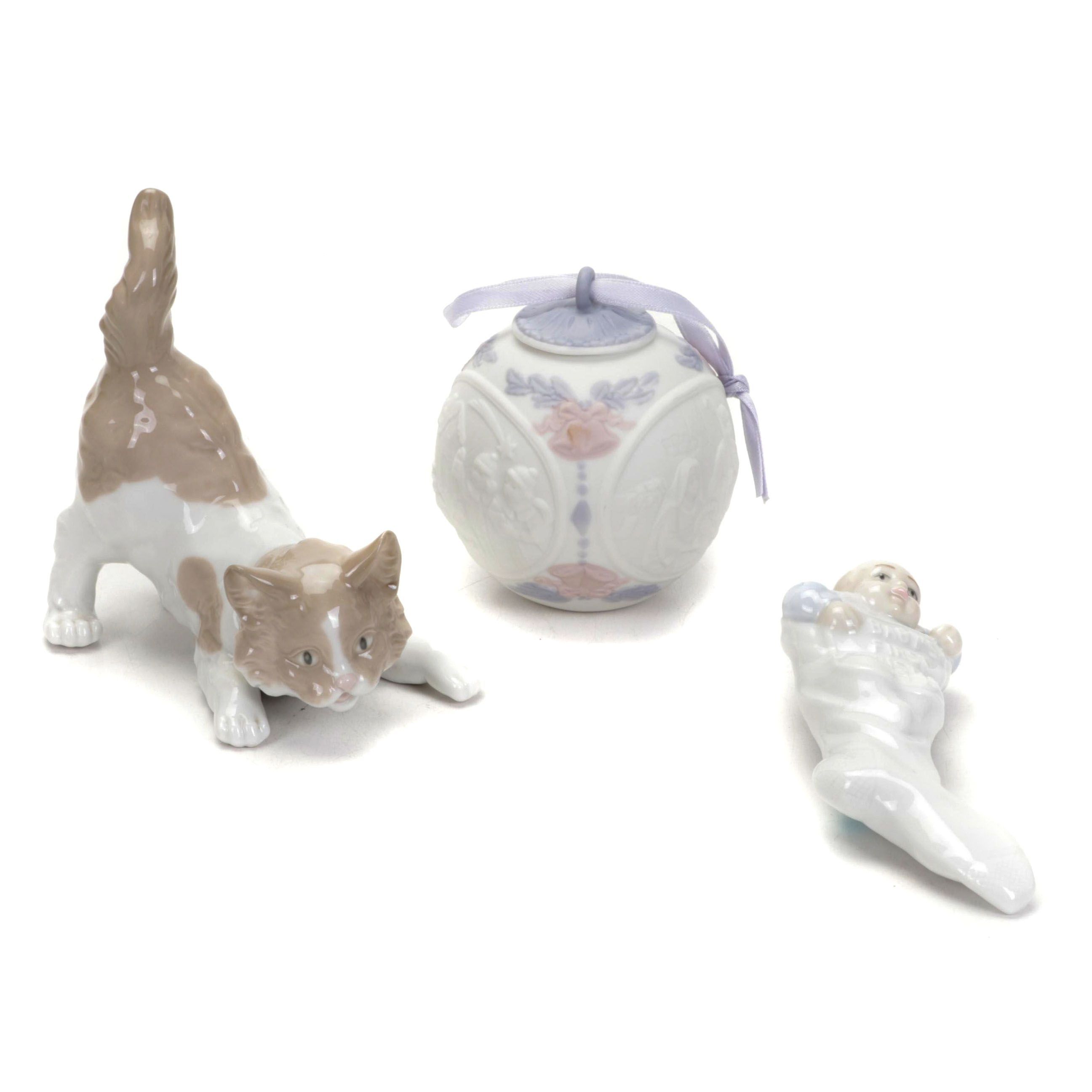 Lladró "Playful Cat" Porcelain Figurine and Christmas Ornaments