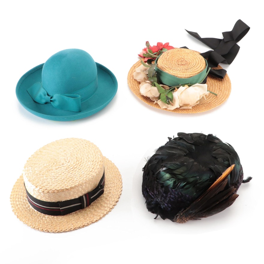 Feather Pillbox Hat, Straw Boaters, and Wool Felt Breton Hat with Hat Boxes