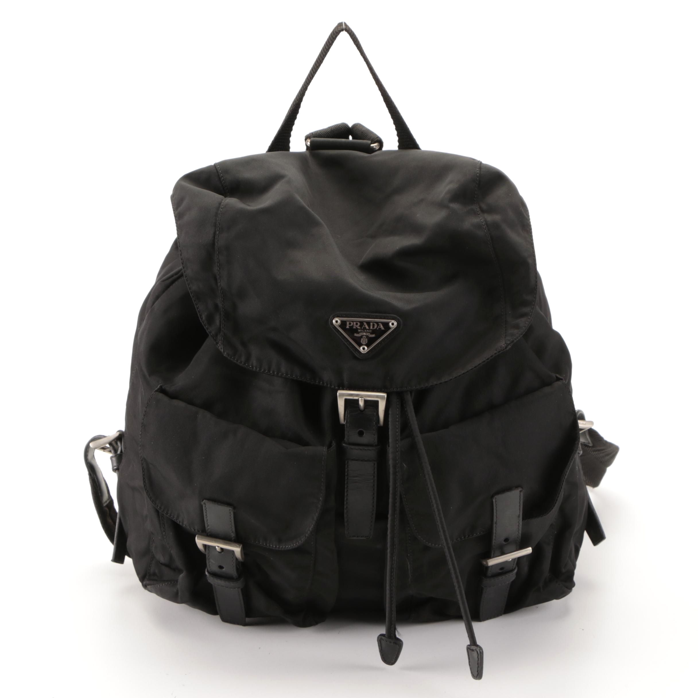 Prada Drawstring Backpack in Black Tessuto Nylon with Leather Trim