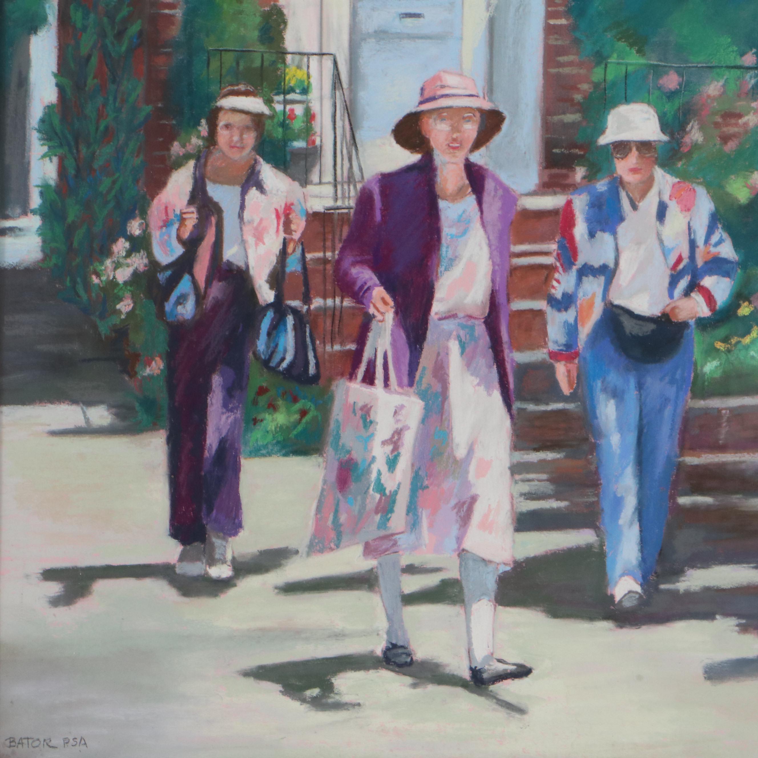 Martha Bator Pastel Drawing "Charleston Visitors," Late 20th Century