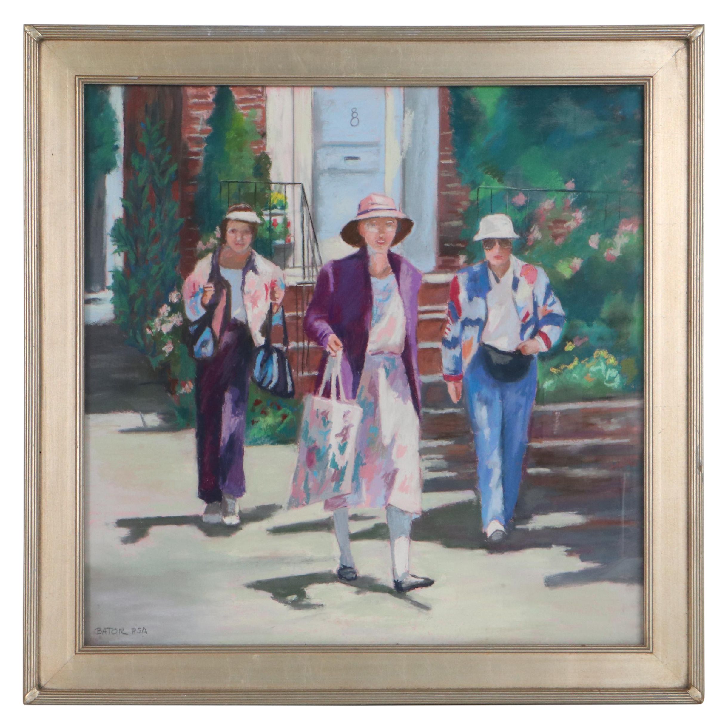 Martha Bator Pastel Drawing "Charleston Visitors," Late 20th Century