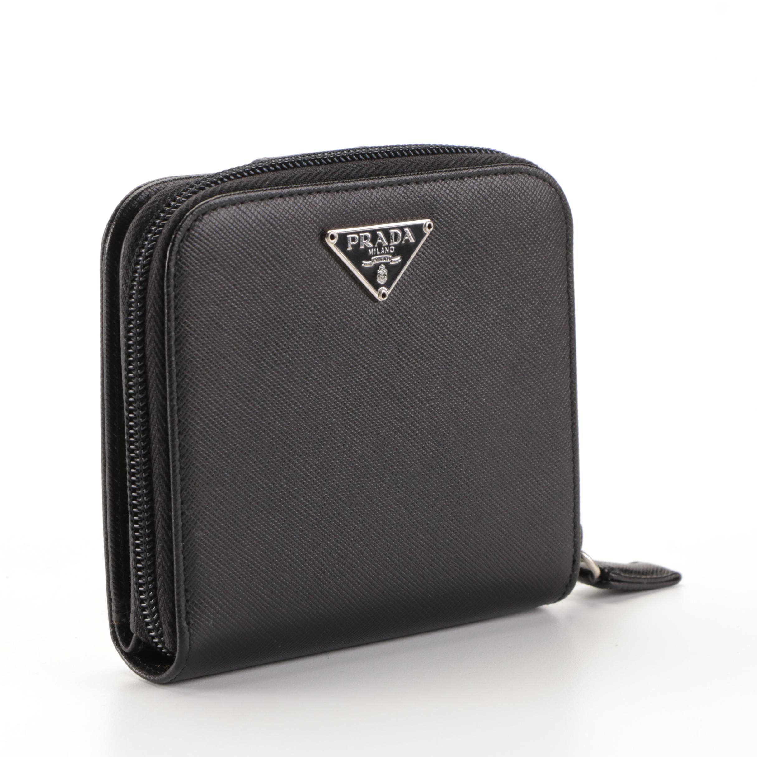 Prada Compact Zip-Around Wallet in Black Saffiano Leather