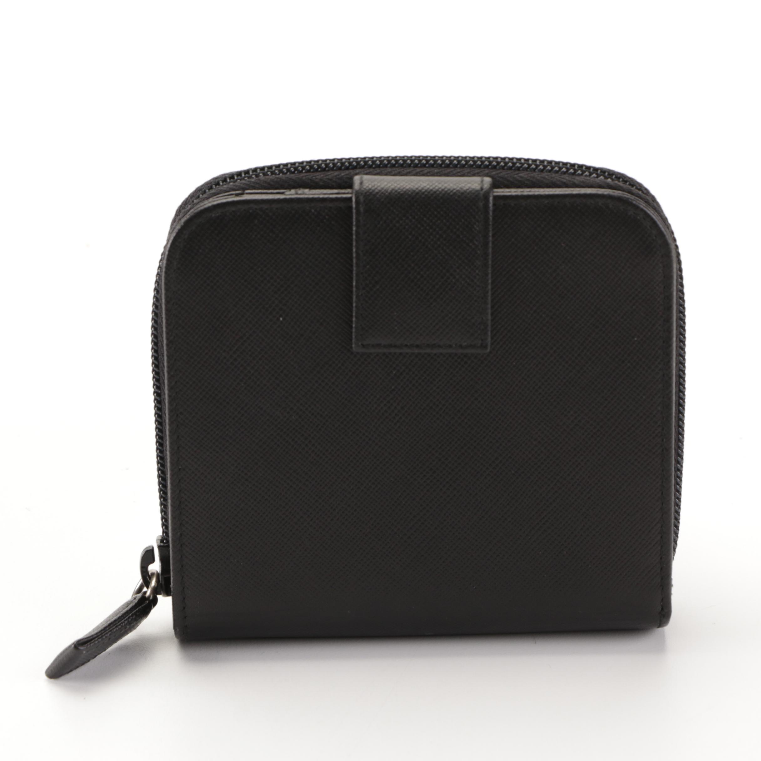 Prada Compact Zip-Around Wallet in Black Saffiano Leather