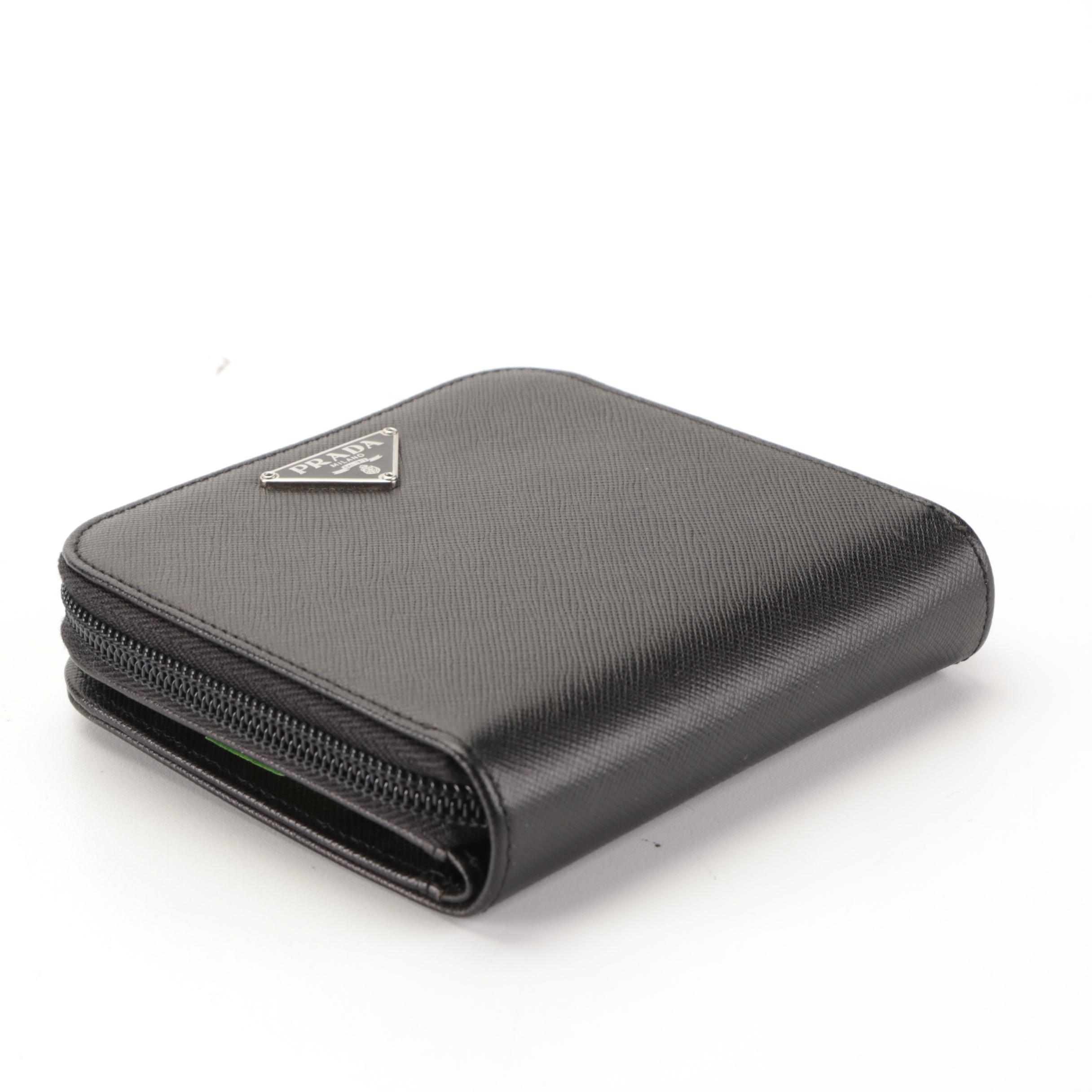Prada Compact Zip-Around Wallet in Black Saffiano Leather