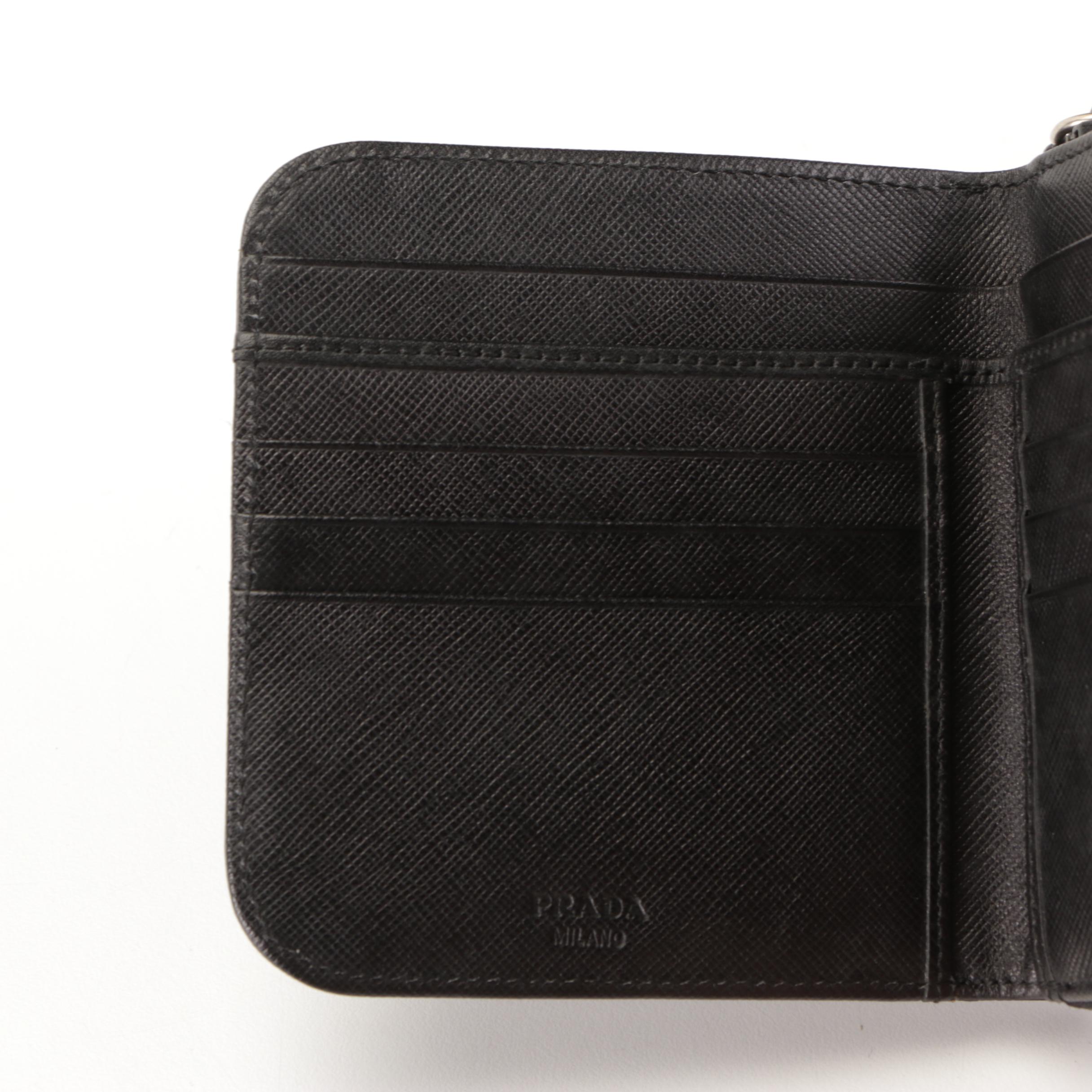 Prada Compact Zip-Around Wallet in Black Saffiano Leather