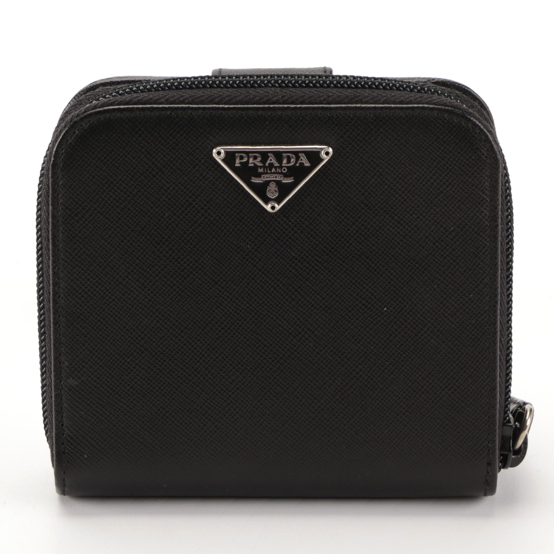 Prada Compact Zip-Around Wallet in Black Saffiano Leather