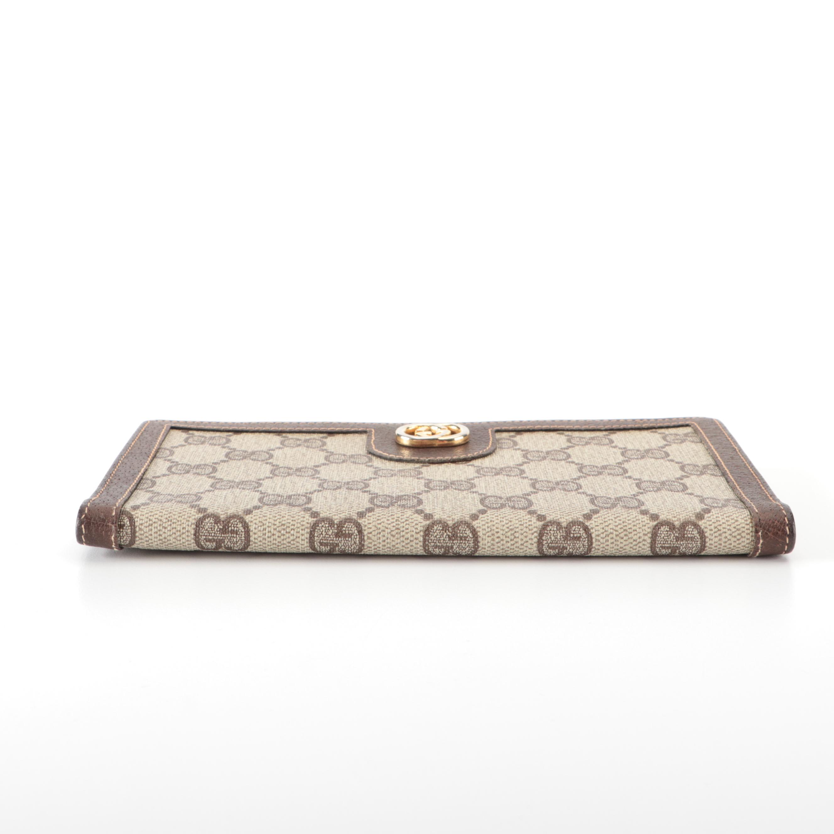 Gucci Long Kisslock Wallet in GG Supreme Canvas and Brown Cinghiale Leather
