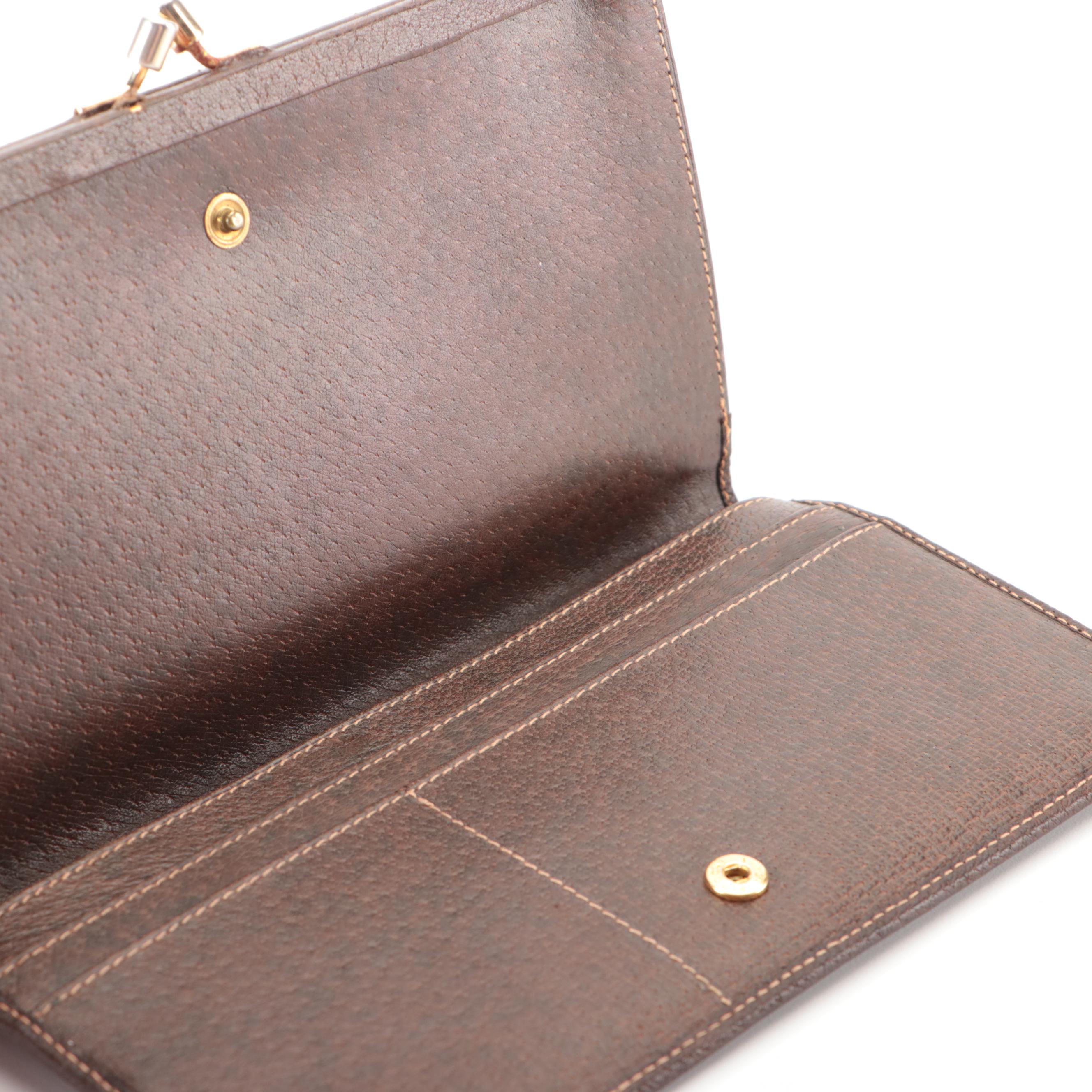 Gucci Long Kisslock Wallet in GG Supreme Canvas and Brown Cinghiale Leather