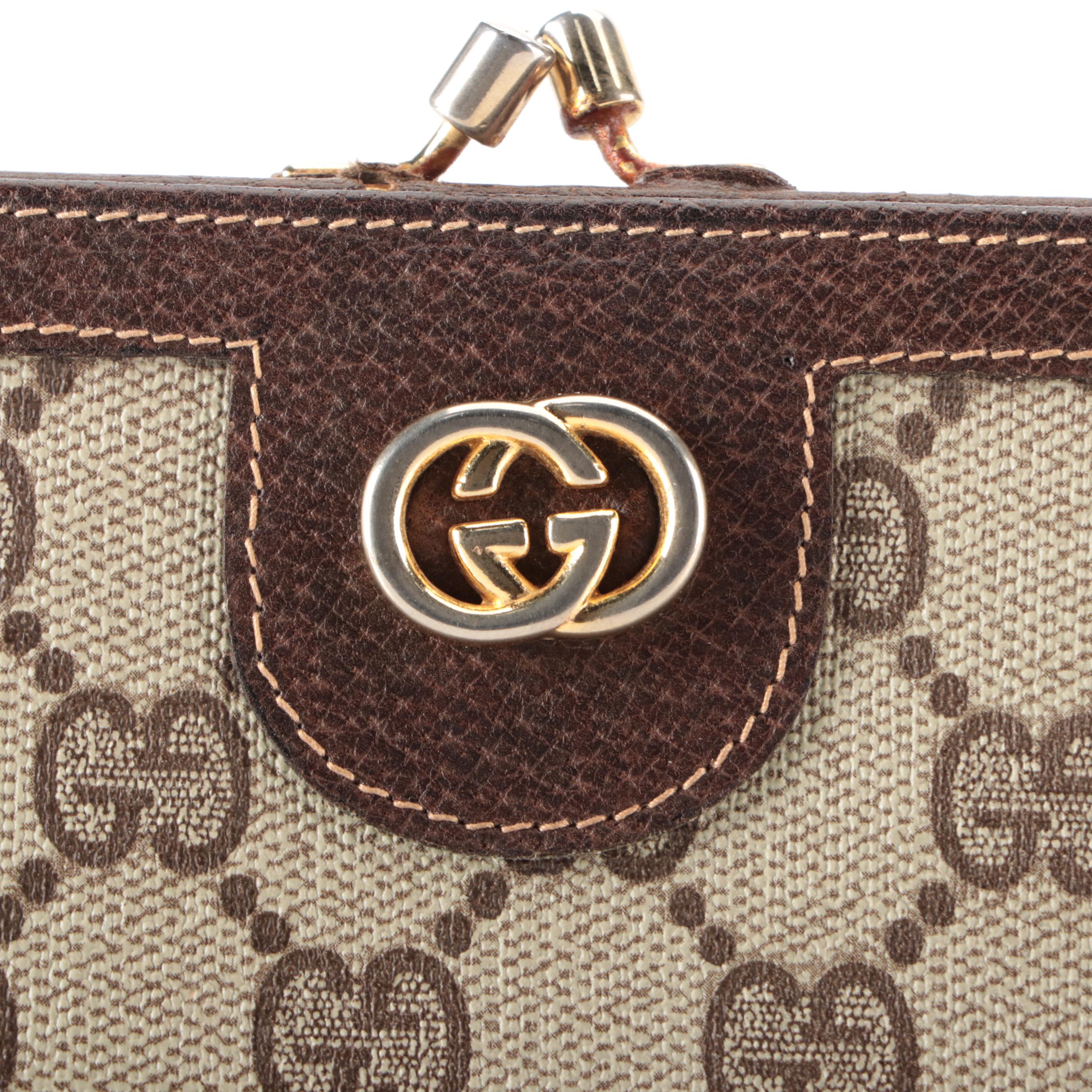 Gucci Long Kisslock Wallet in GG Supreme Canvas and Brown Cinghiale Leather