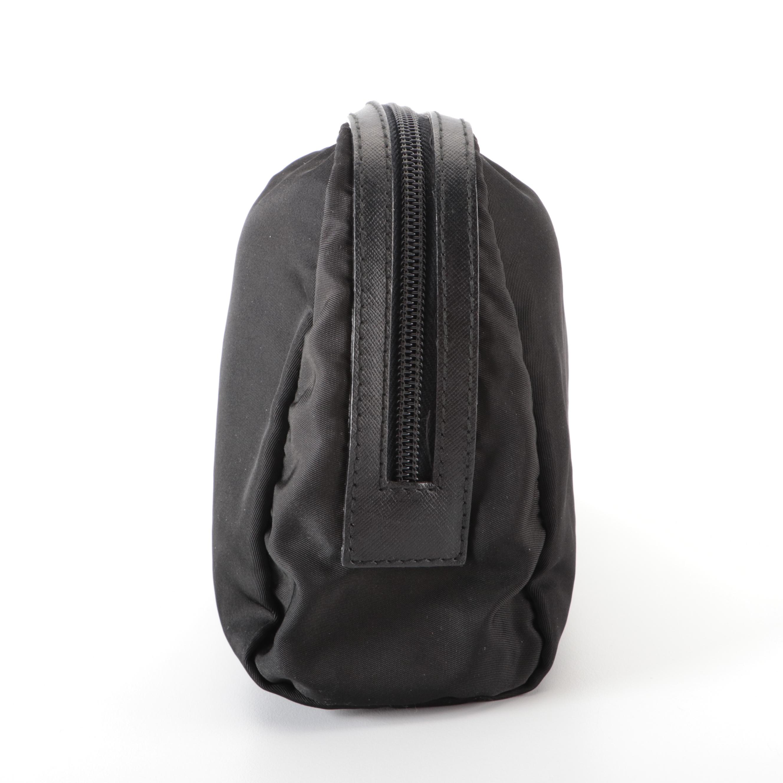 Prada Small Zip Travel Bag in Black Tessuto Nylon with Leather Trim