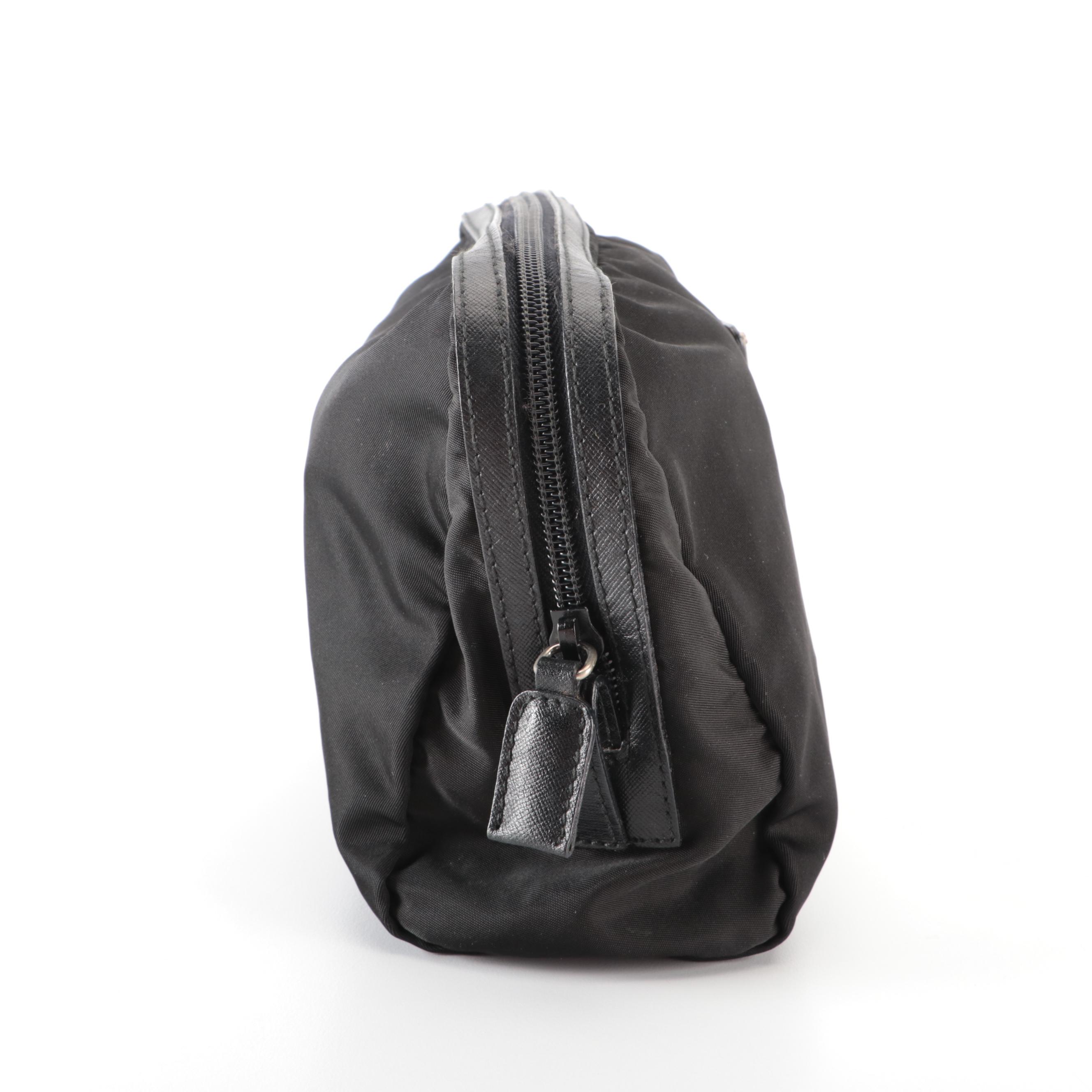 Prada Small Zip Travel Bag in Black Tessuto Nylon with Leather Trim